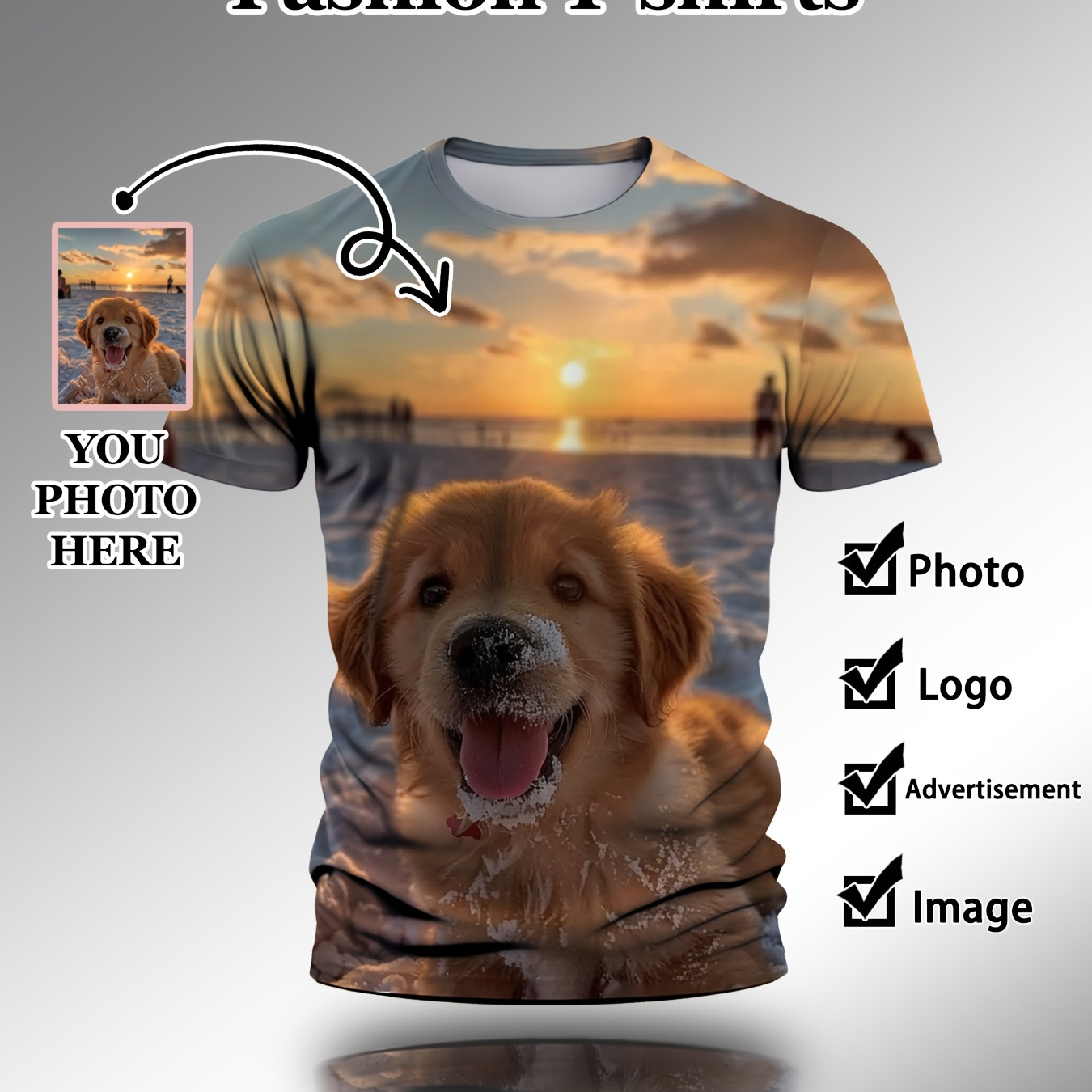 

Gentle Care] Custom 3d Pet Photo T-shirt For - Personalized Casual Summer Tee, Round Neck, Polyester Knit Fabric, Lightweight & Stretchy, Beach Sunset Memories