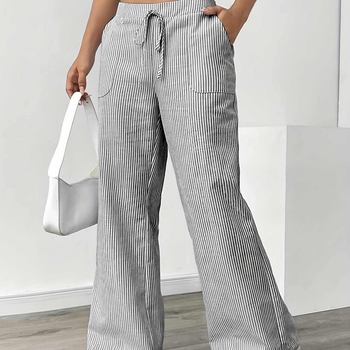 

Women's Striped Wide-leg Pants - Casual Streetwear, Loose Fit With Drawstring Waist & Pockets, Polyester, Non-stretch Fabric For Spring/fall