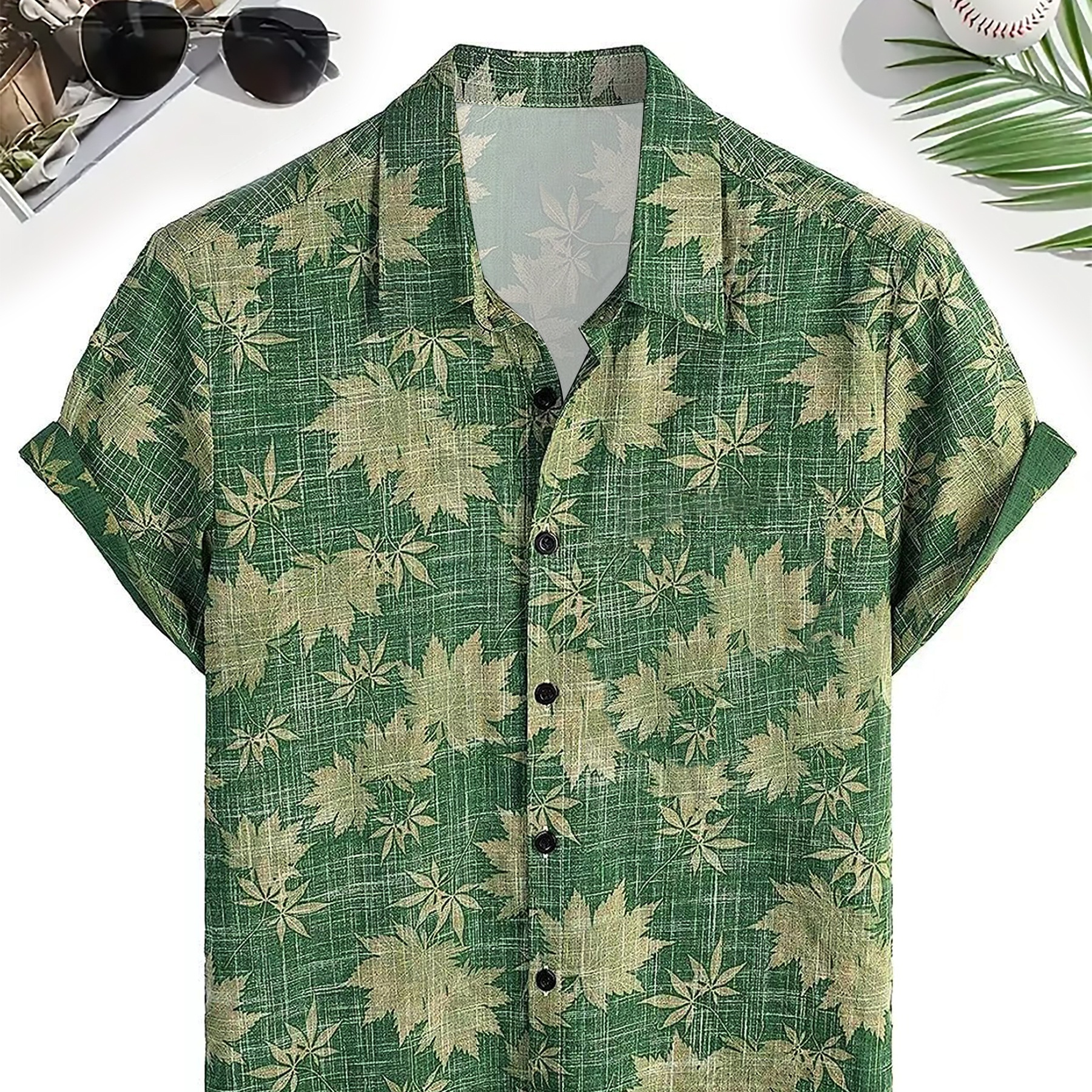 Plus Size Men's Vintage Leaf Print Hawaiian Shirt For Casual Outfit, Comfy Allover Short Sleeve Button Collared T-Shirt, Oversized Loose Tops For Beach Summer