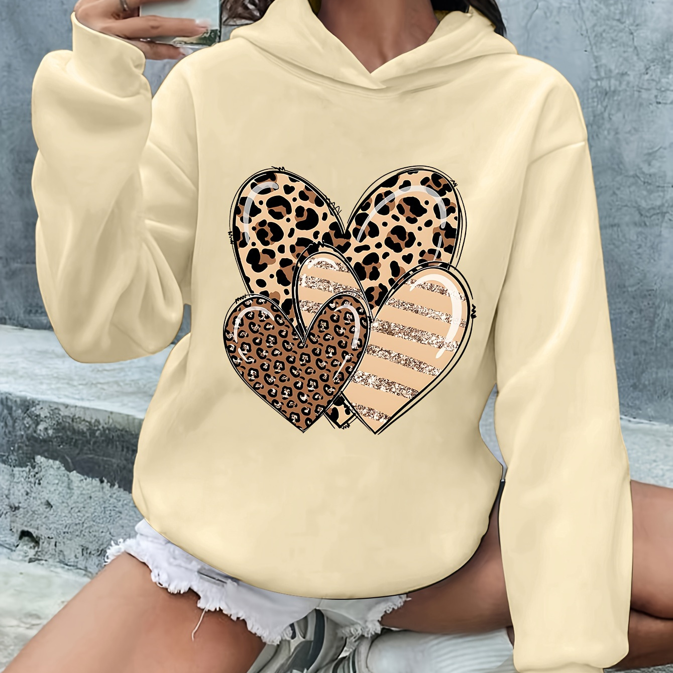 

Chic Leopard Heart & Letter Print Hoodie For Women - Casual Long Sleeve Pullover With Kangaroo Pocket, Machine Washable - Spring/fall