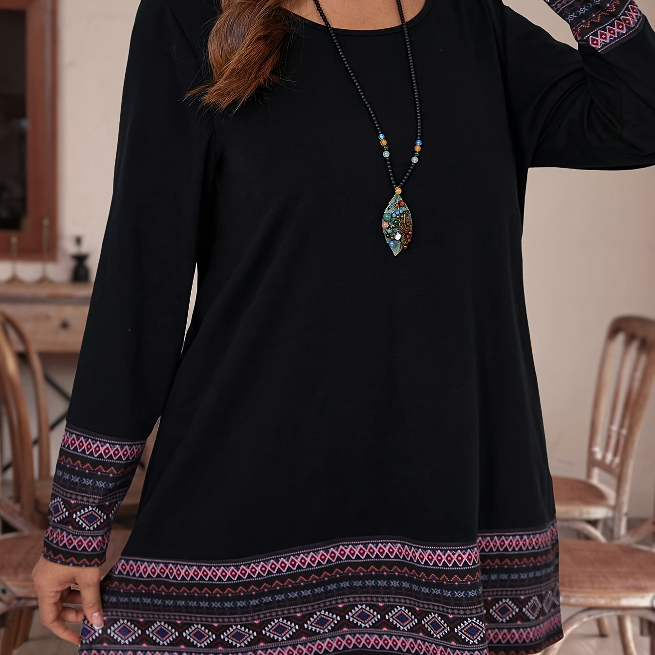 

Plus Size Ethnic Neck T-shirt, Casual Long Sleeve For Spring & Fall, Women's Plus Size Clothing