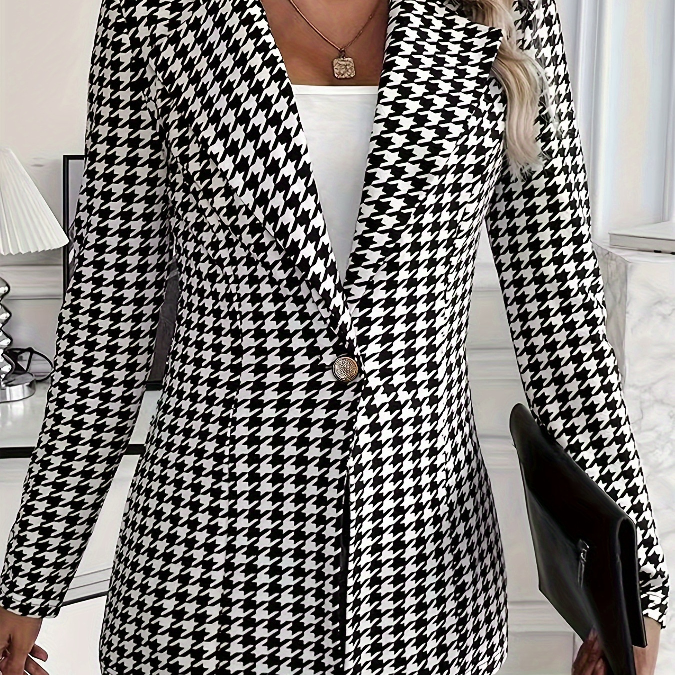 

Houndstooth Pattern Button Front Blazer, Elegant Lapel Long Sleeve Blazer For Office & Work, Women's Clothing