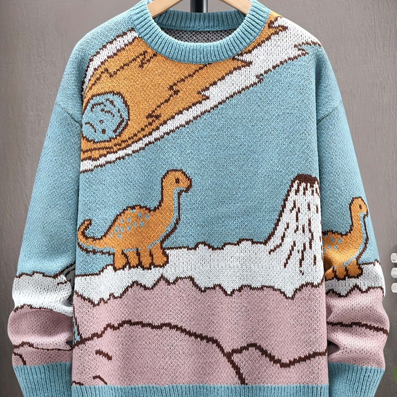 

Men's Casual Dinosaur Pattern Knit Pullover Sweater, Polyester, Crew Neck, Long Sleeve, Loose Fit, With Asymmetrical Hem, For Fall/winter Collection