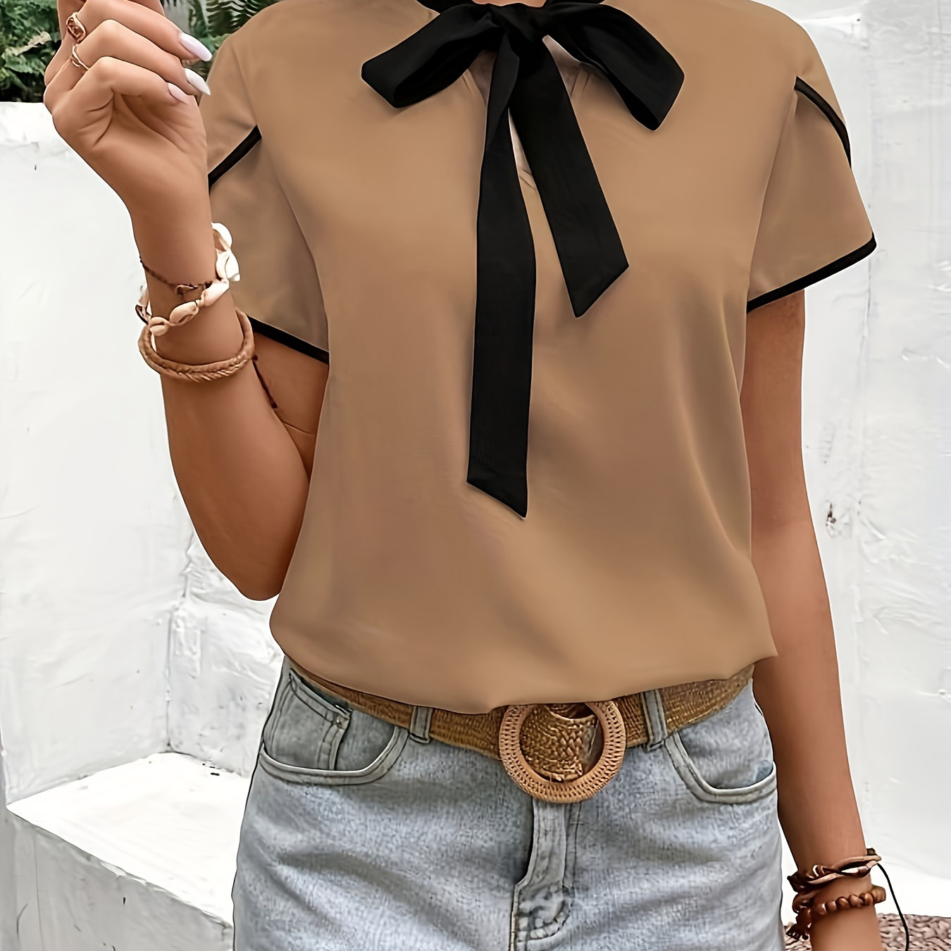 

Contrast Trim Tie Front Blouse, Elegant Petal Sleeve Top For Spring & Summer, Women's Clothing