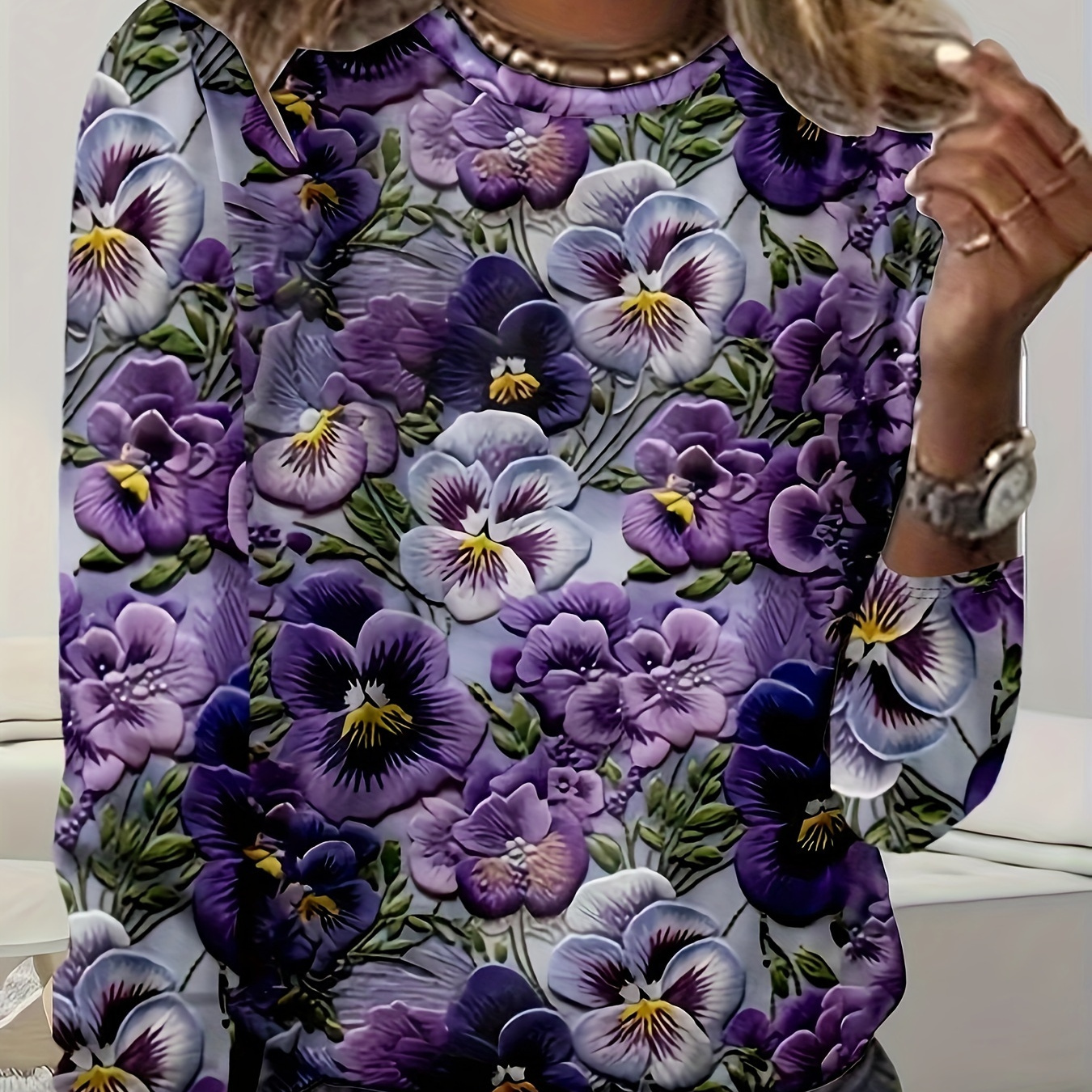 

Floral Print Crew Neck T-shirt, Casual Long Sleeve T-shirt For Spring & Fall, Women's Clothing