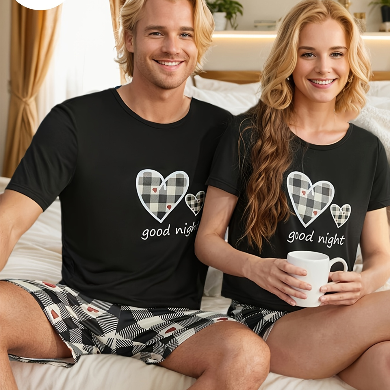 

Valentine's Day Matching Couple Clothing Set - Heart Print Short Sleeve & Shorts, Soft Polyester Blend, Machine Washable, Cozy Clothing For , Matching Clothing|casual Sleep Set|stretchy Fabric