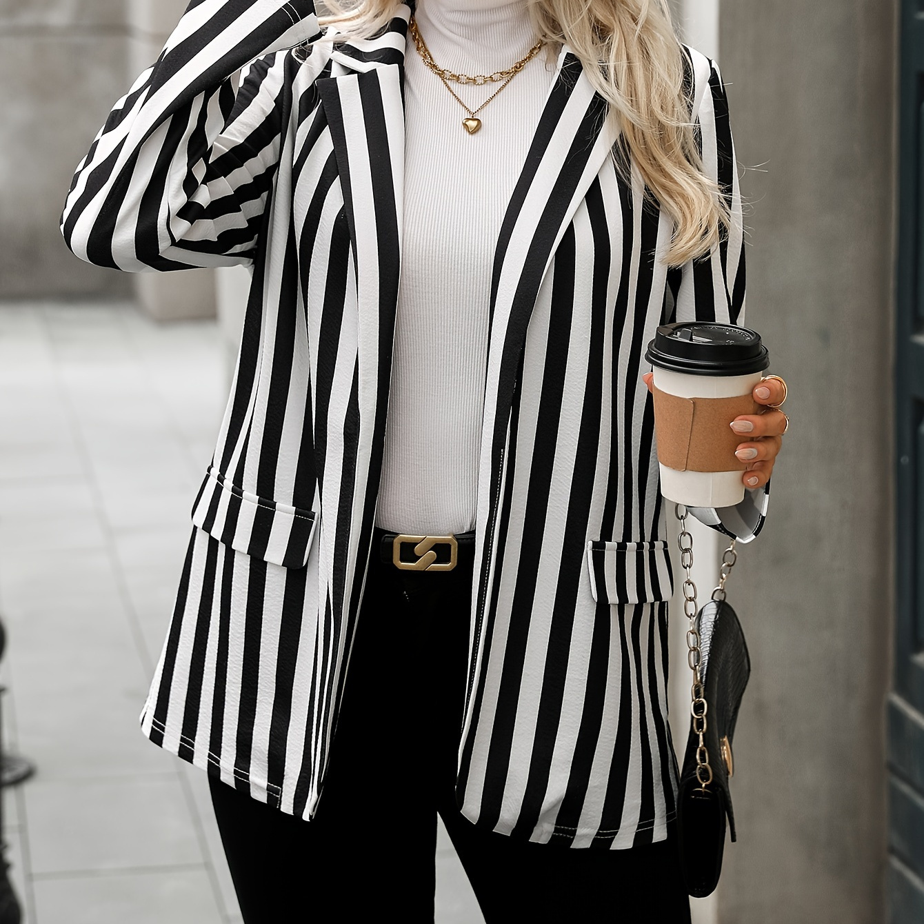 

Elegant Women's Striped Blazer – Polyester 100%, Long Sleeve, Midi Length, Buttonless , Knit Fabric, Outerwear