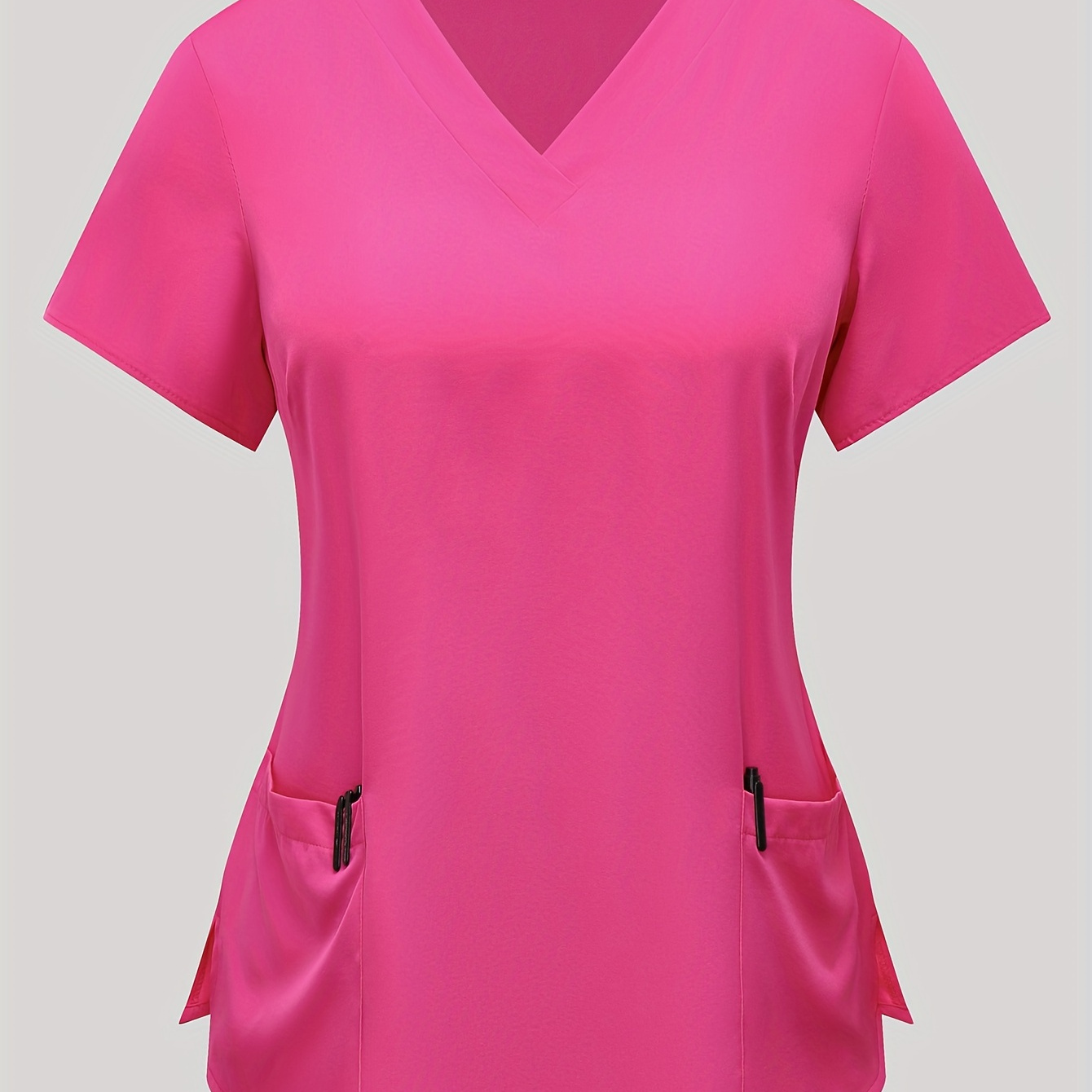 

Plus Size Solid Stretchy Dual Pockets V-neck Top, Comfortable & Care Short Sleeve Uniform For Nurse, Women's Plus Size Clothing