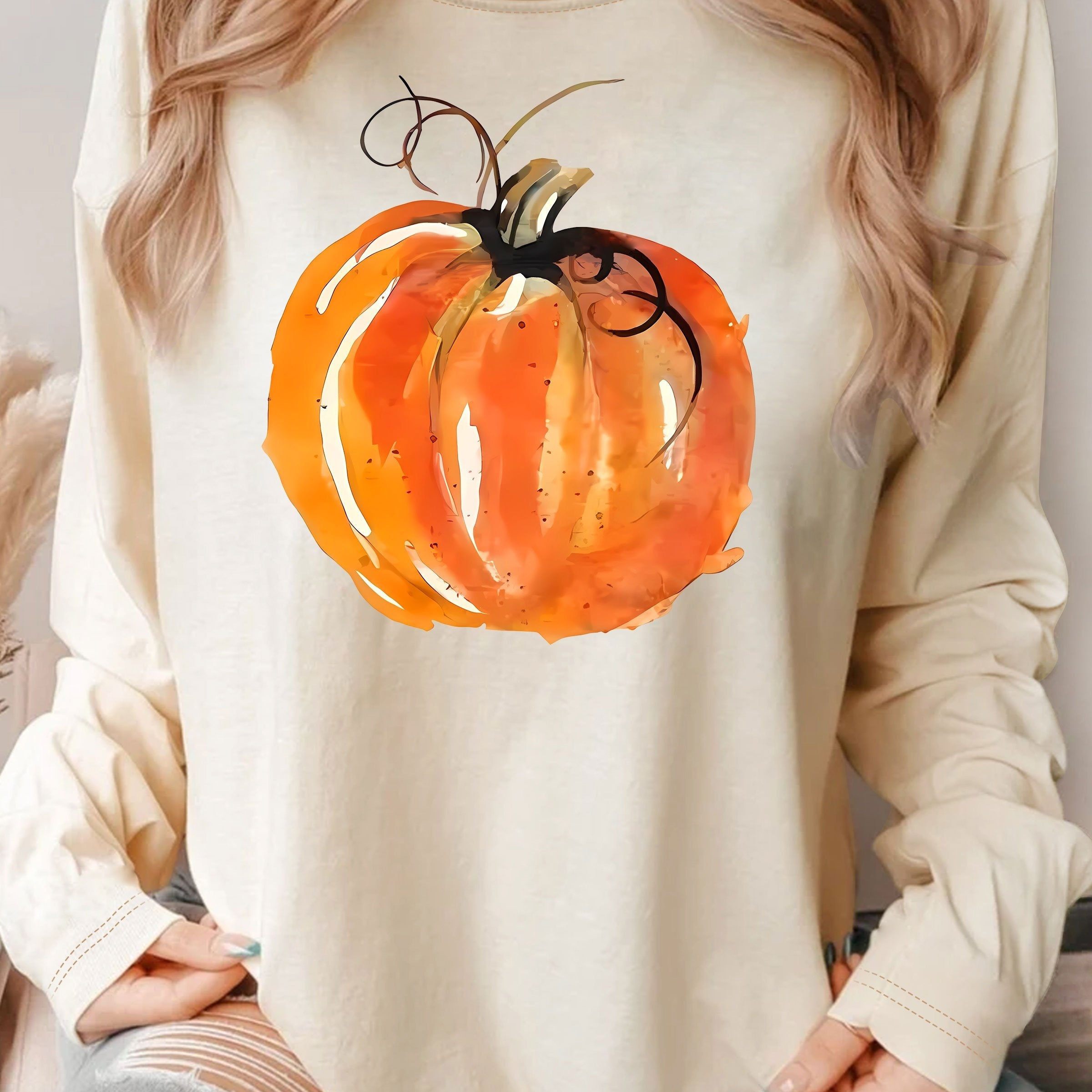 

Plus Size Women's Casual Sports Top With Pumpkin Print, Stylish And Casual, Long Sleeves And Relaxed Fit