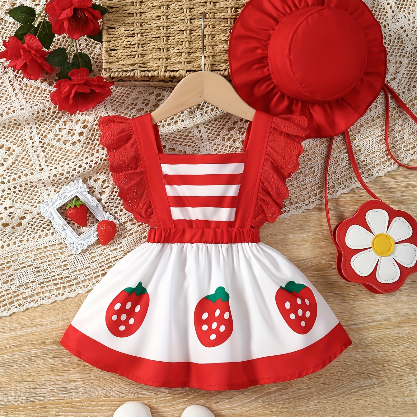 

Baby's Adorable Strawberry Pattern Sleeve Dress & Sunhat, Infant & Toddler Girl's Clothing For Summer Daily Wear/holiday/party, As Gift