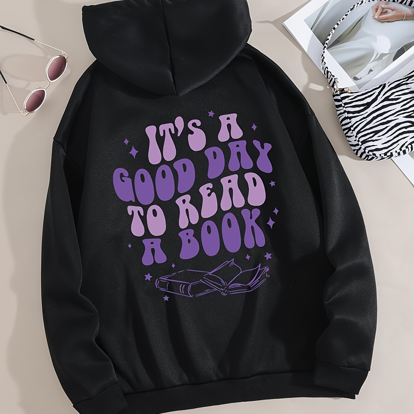 

Book & Letter Print Drawstring Hoodie, Casual Long Sleeve Kangaroo Pocket Hoodie Sweatshirt, Women's Clothing