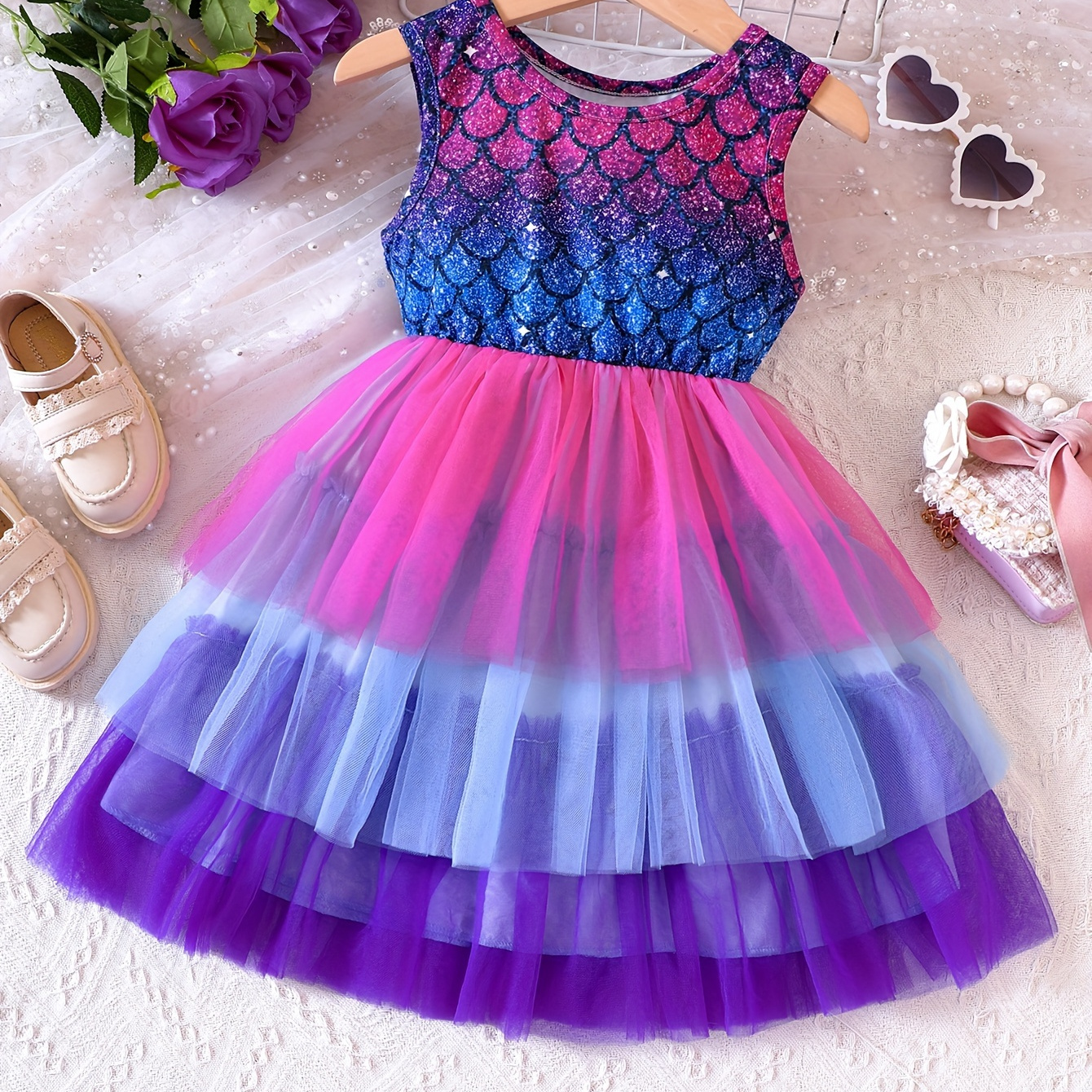 

Girls Sweet Mermaid Dress Contrast Mesh Sleeveless Gradient Layered Dress