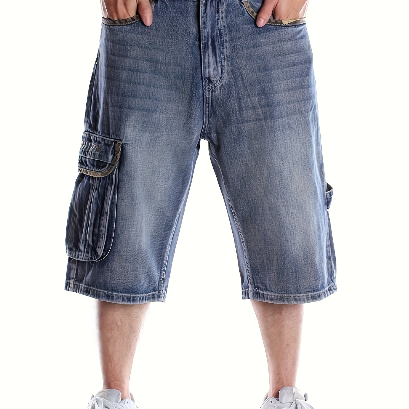 

Men's Loose Solid Denim Shorts With Multi Pockets, Casual Cotton Blend Jorts For Outdoor Activities
