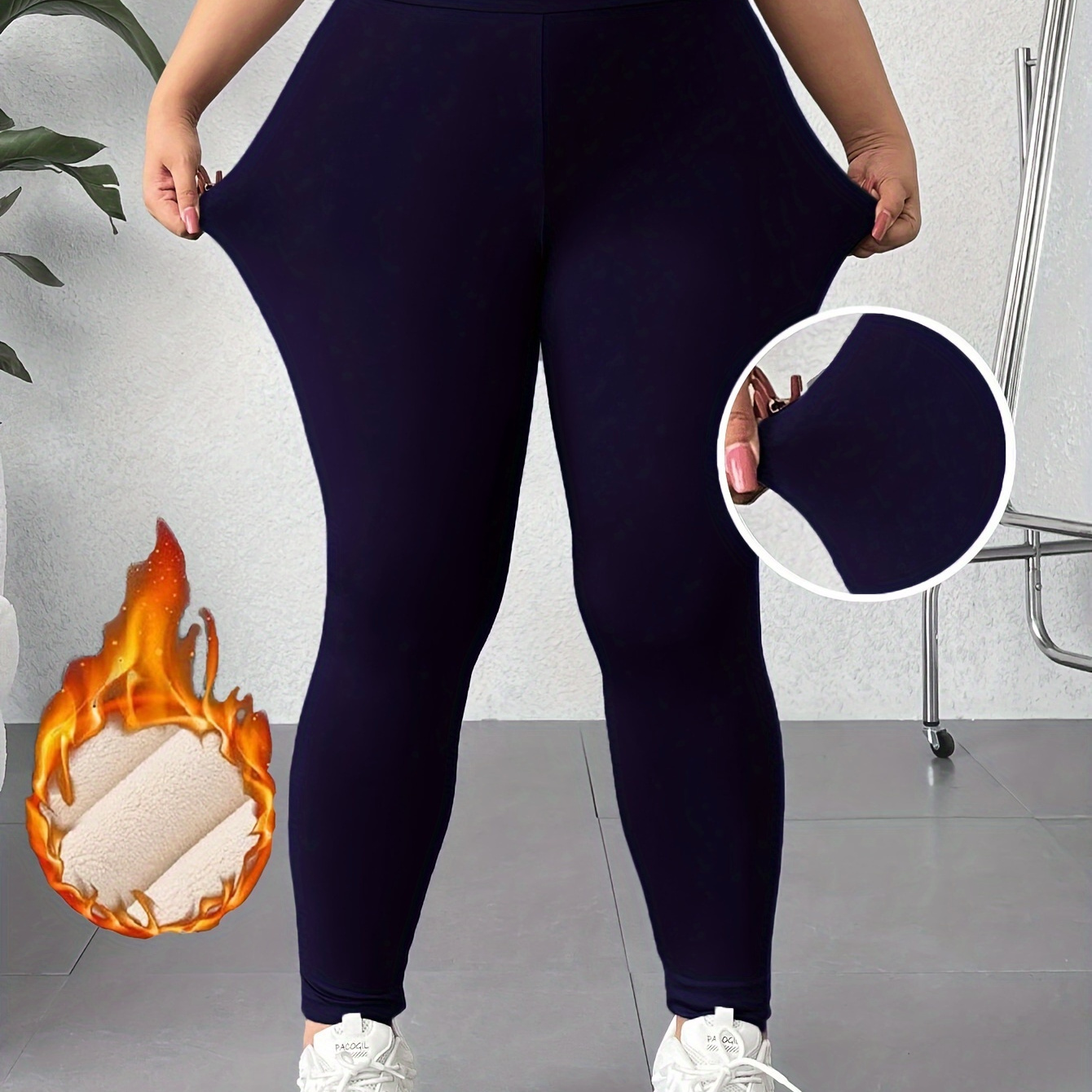 

Leggings thermiques à taille haute pour femmes de grande taille, en polyester élastique, avec un tissu tricoté, un stretch moyen, une couleur unie, un ajustement skinny, avec des collants d'hiver.