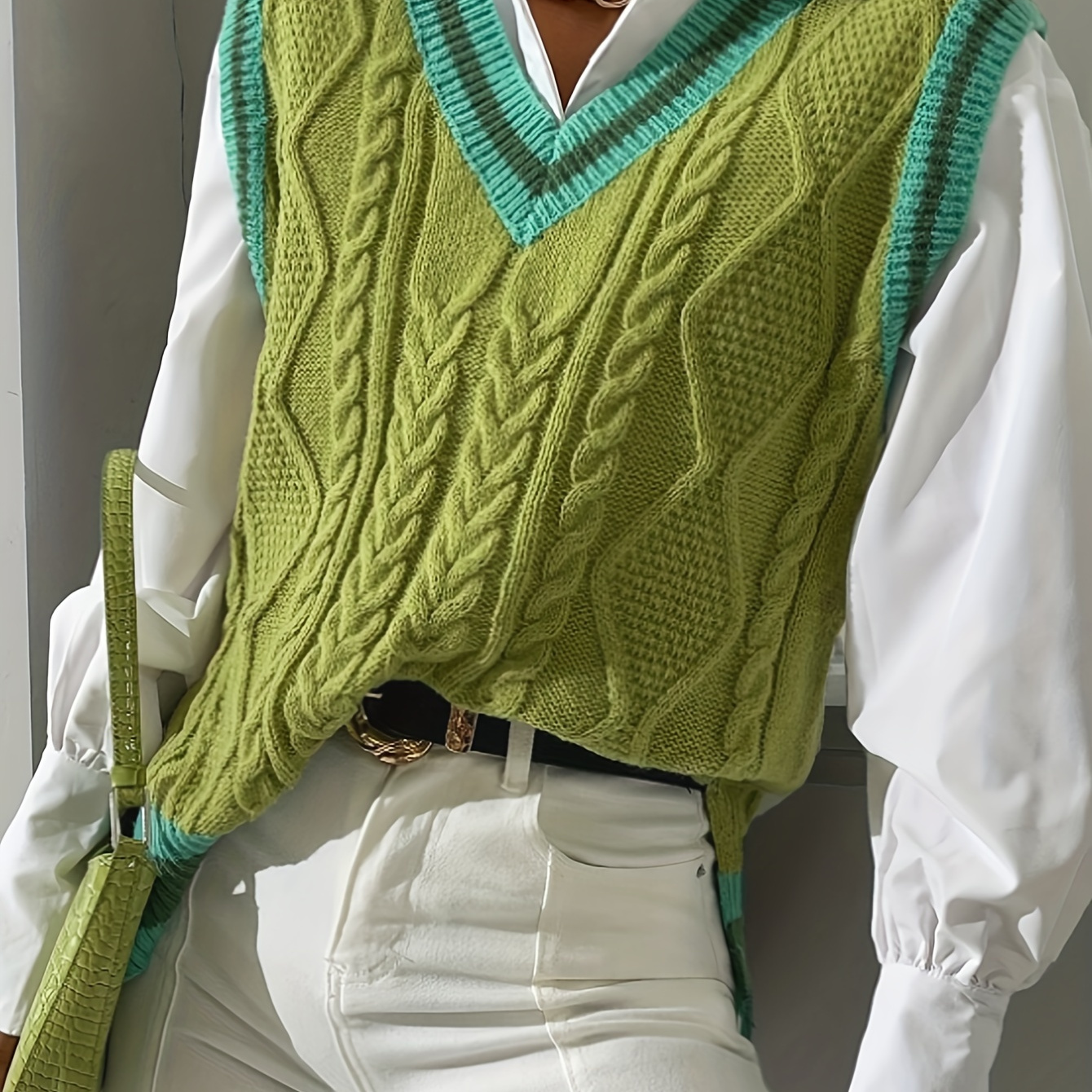 

Gilet contrasté à fente latérale, élégant gilet sans manches à col en V en tricot torsadé pour l'automne et le printemps, vêtements pour femmes