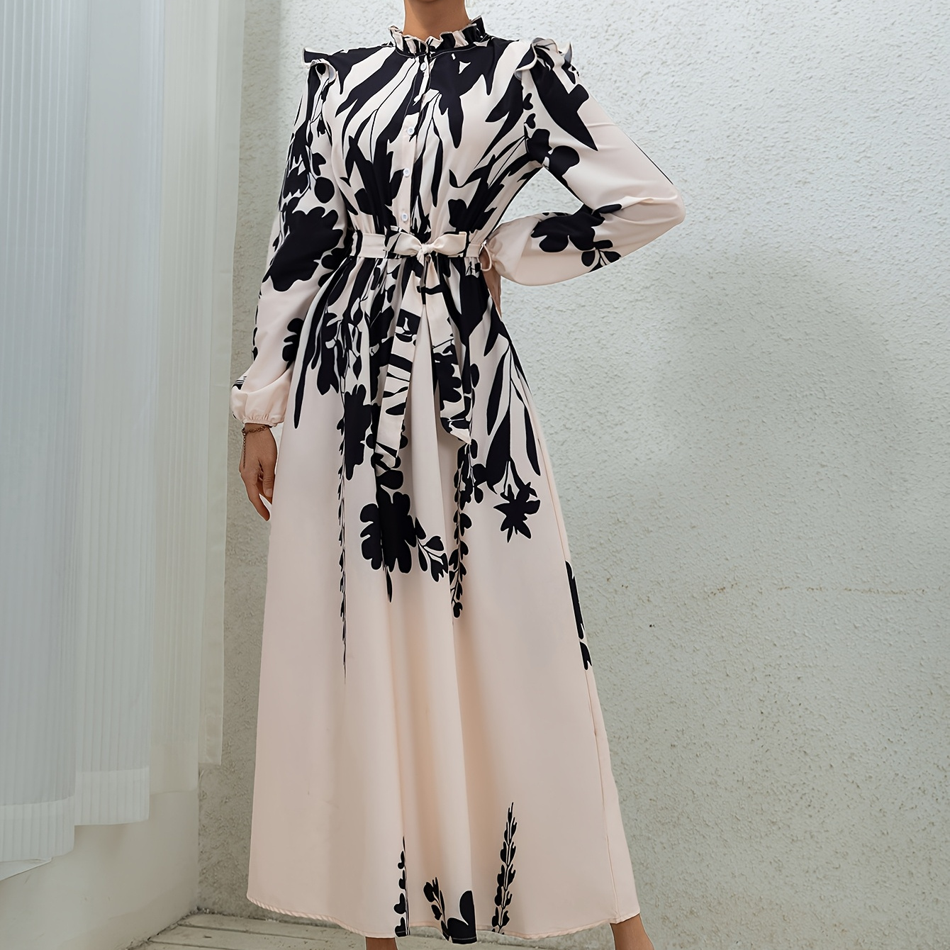 

Elegant Women's Long Sleeve Dress With Print, Polyester, Button Detail, Small Stand Collar, Waist Belt, Woven Fabric, Long Skirt - Fashionable Spring/summer/