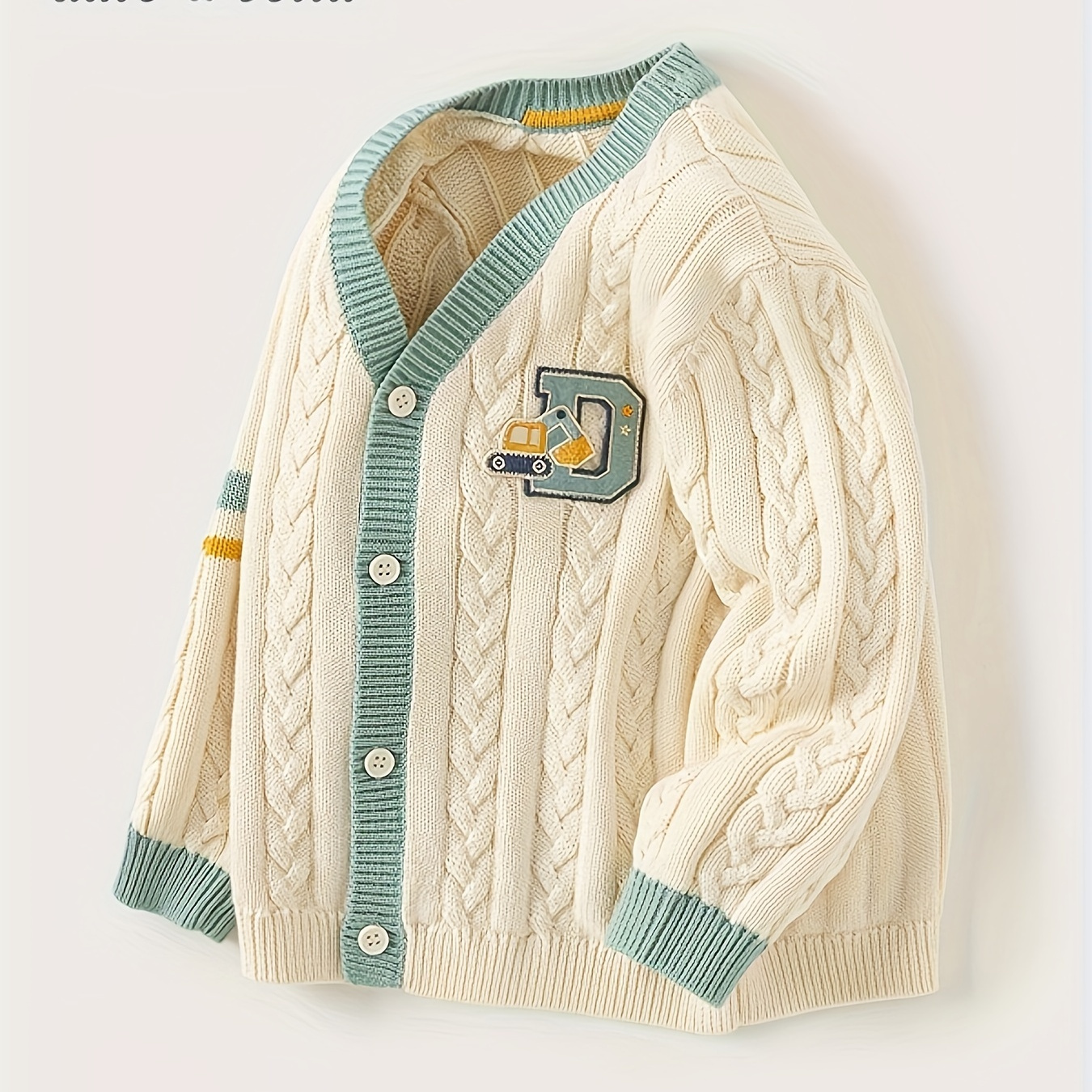 

Dave&bella Boys Cotton Knit Cardigan, Preppy Style Cartoon Digger Embroidered Sweater, Comfortable Knitted Outerwear For Spring/autumn