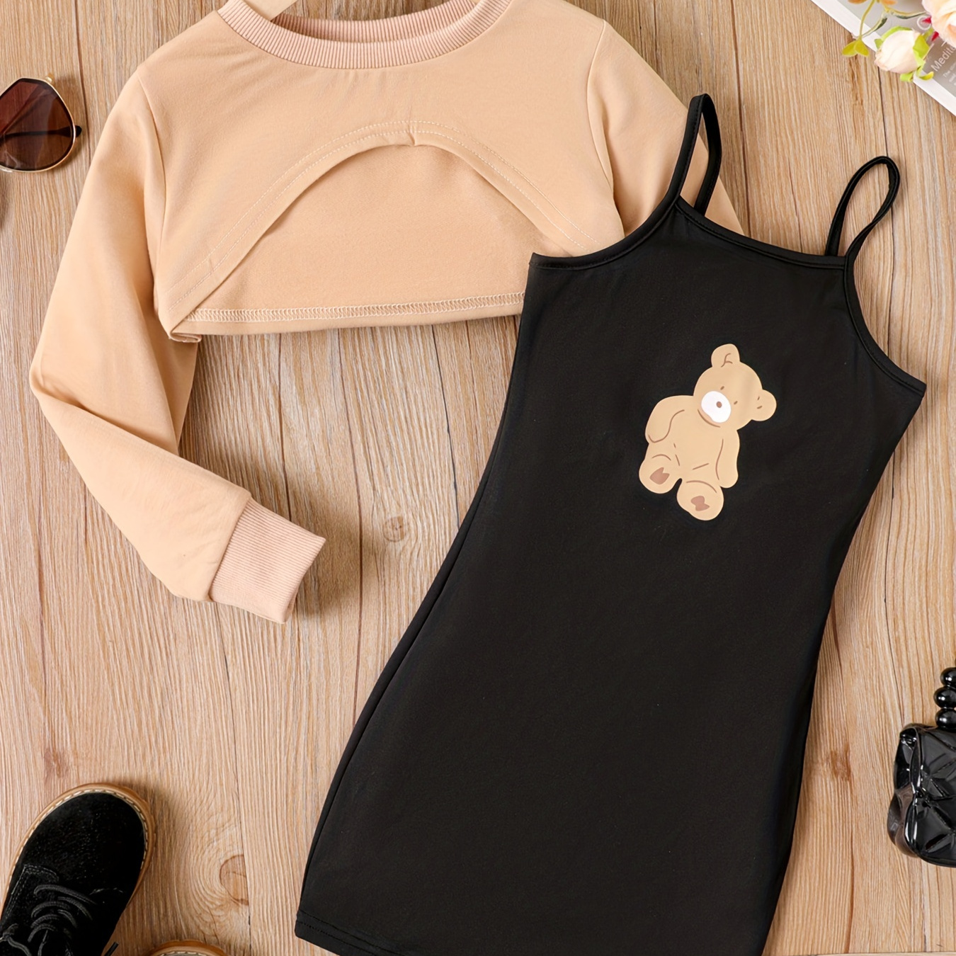 

Patpat 2pcs Kid Girl Fashion Round Neck Long-sleeve High Low Top And Bear Print Slip Dress Set For Spring & Autumn/fall