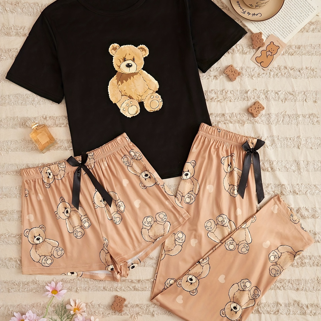 

Women's Cute Bear Print Pajama Set, Short Sleeve Round Neck Top & Shorts & Pants, Comfortable Relaxed Fit