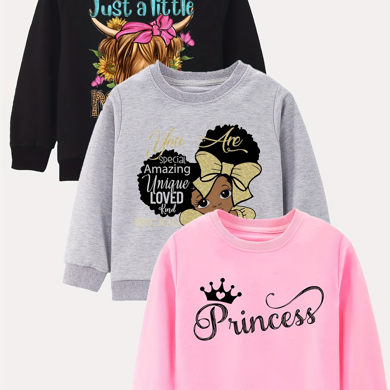 3pcs Girl Sweatshirt Set, Cow Head, Letter Princess, Kidlife Girl Pattern Fashionable Sports Long Sleeve Pullover