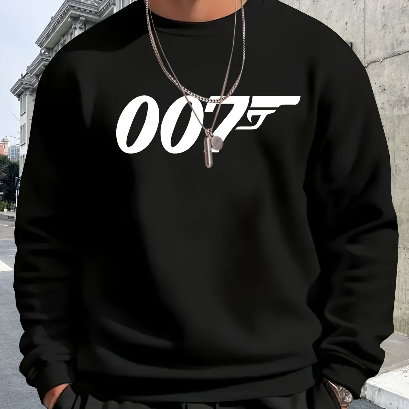 

Men's Casual Neck Sweatshirt - Comfortable Long Sleeve Pullover With "007" Graphic Design, Black, Loose Fit For Spring, Fall, And Winter