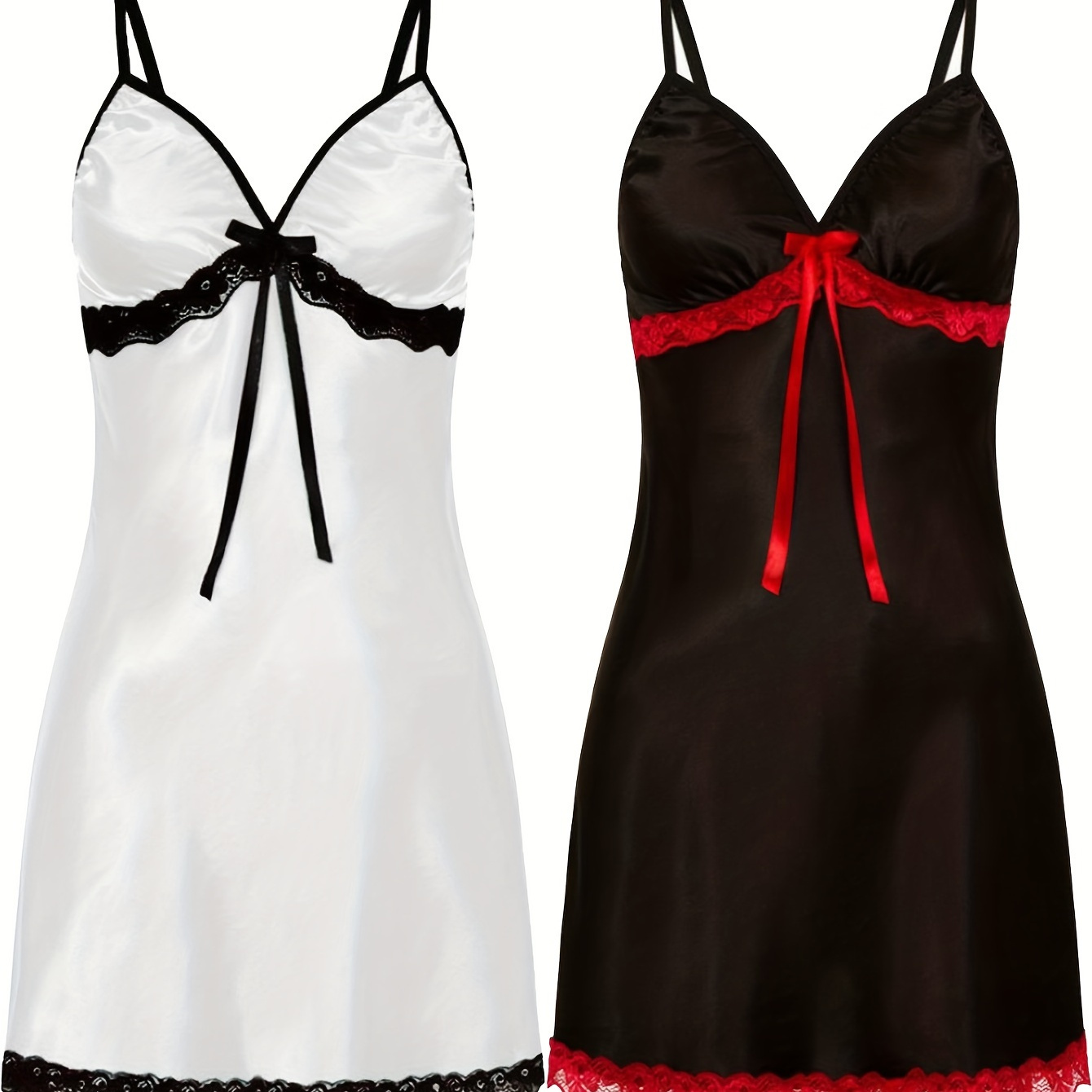 

2 Pc Sexy Solid Slip Nightdress, V Neck Lettuce Trim Backless Sleep Mini Dress, Women's Sleepwear & Dresses