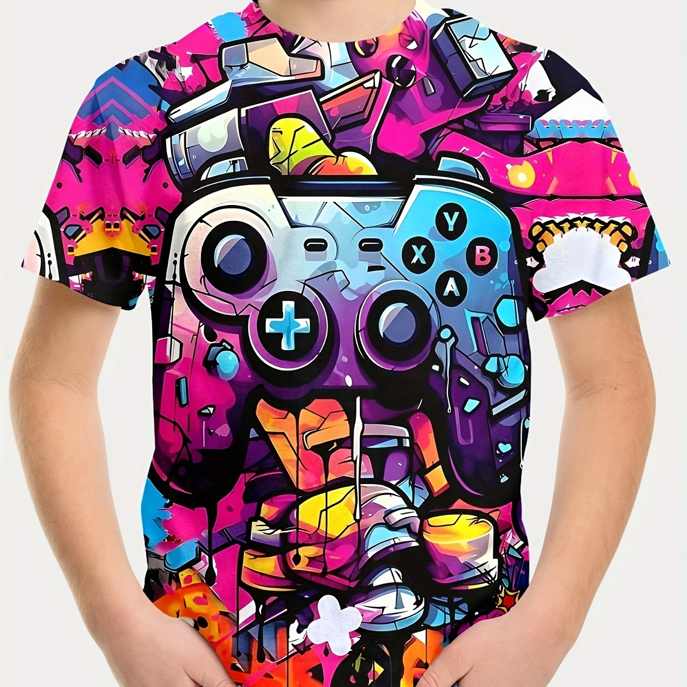 

Boy's Cute Graffiti Cartoon Gamepad 3d Print T-shirt For Summer, Casual Comfortable Short Sleeve Outdoor Clothing