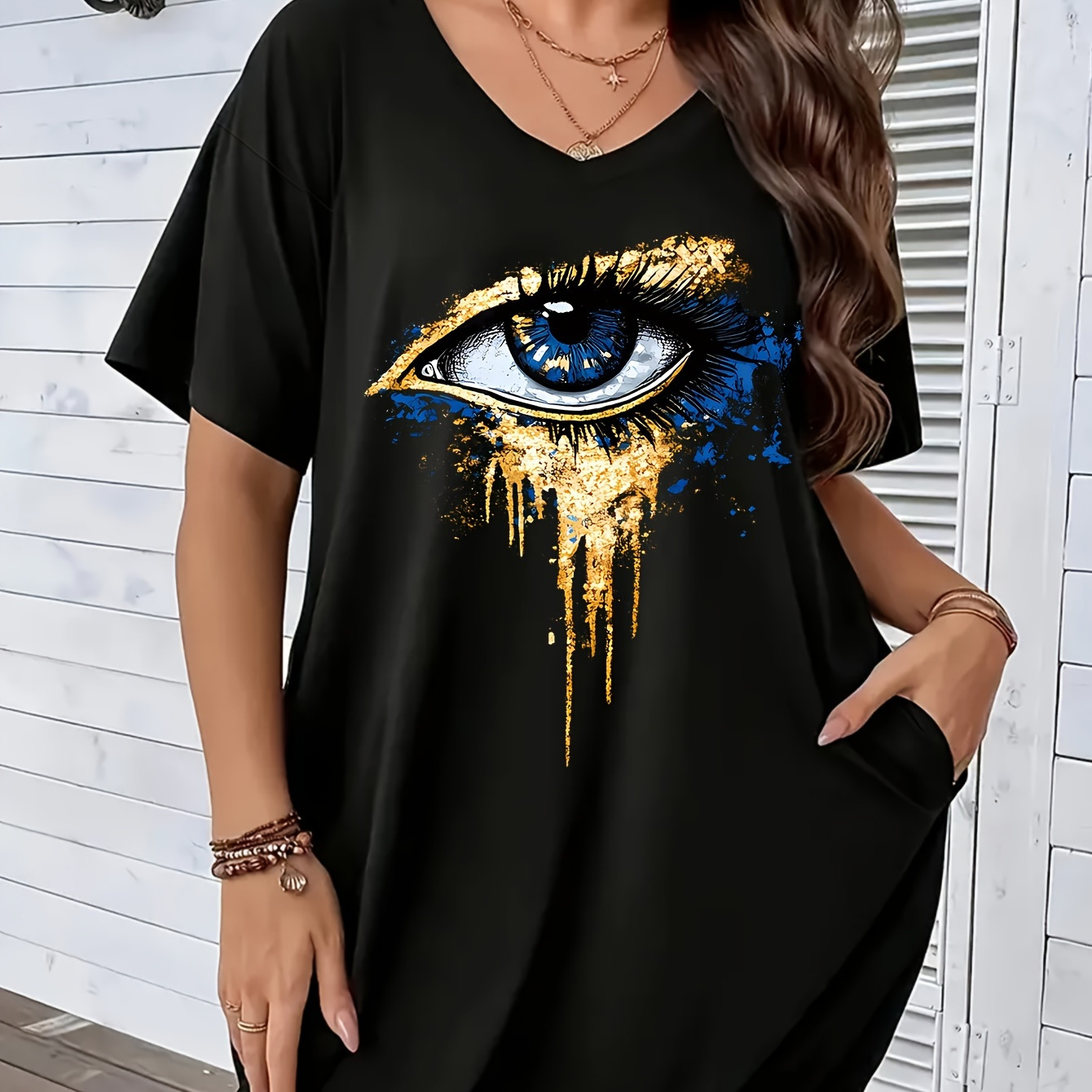 

Women's Plus Size V-neck Dress, Dzpk12018, Casual Polyester Knit With , Spring/summer, Fabric, Straight Fit With Pockets