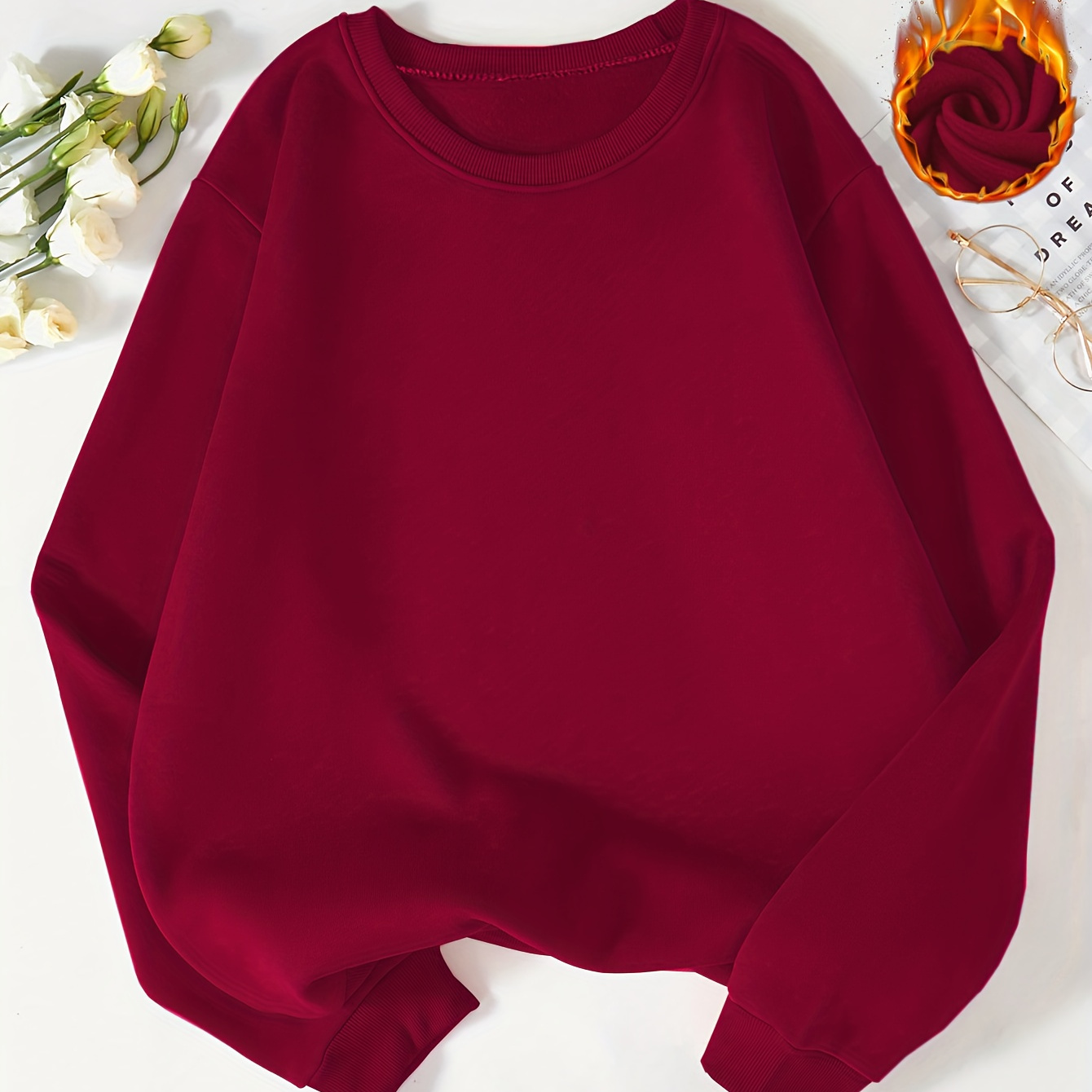 

Women's Cozy Fleece-lined Long Sleeve Crew Neck Sweatshirt - Solid Color, Casual Pullover For Fall & Winter