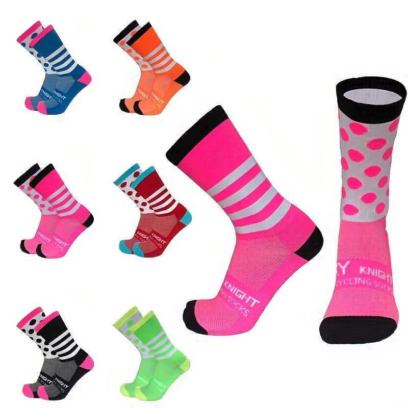 

1pair Men's Professional Stripes Dots Socks, Breathable Sweat Absorbing Nylon Socks For Outdoor Cycling