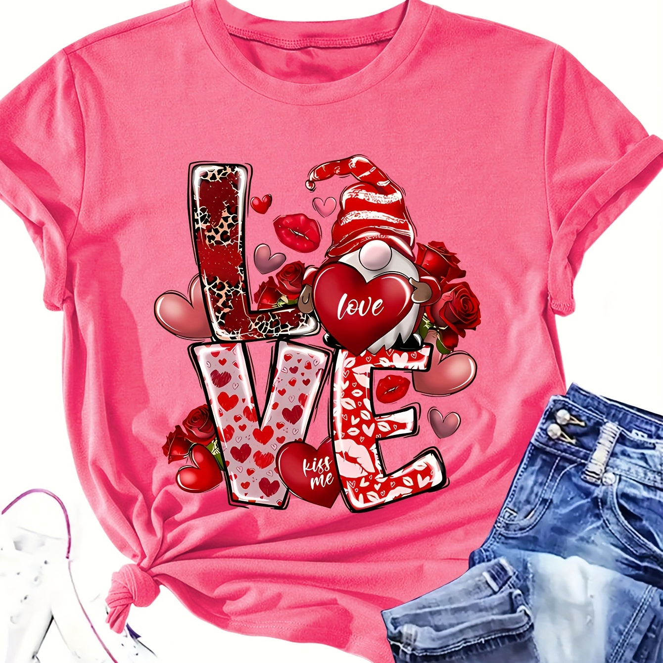 

Valentine S Dayletter Print T-shirt, Short Sleeve Crew Neck Casual Top For Summer & Spring, Women's Clothing