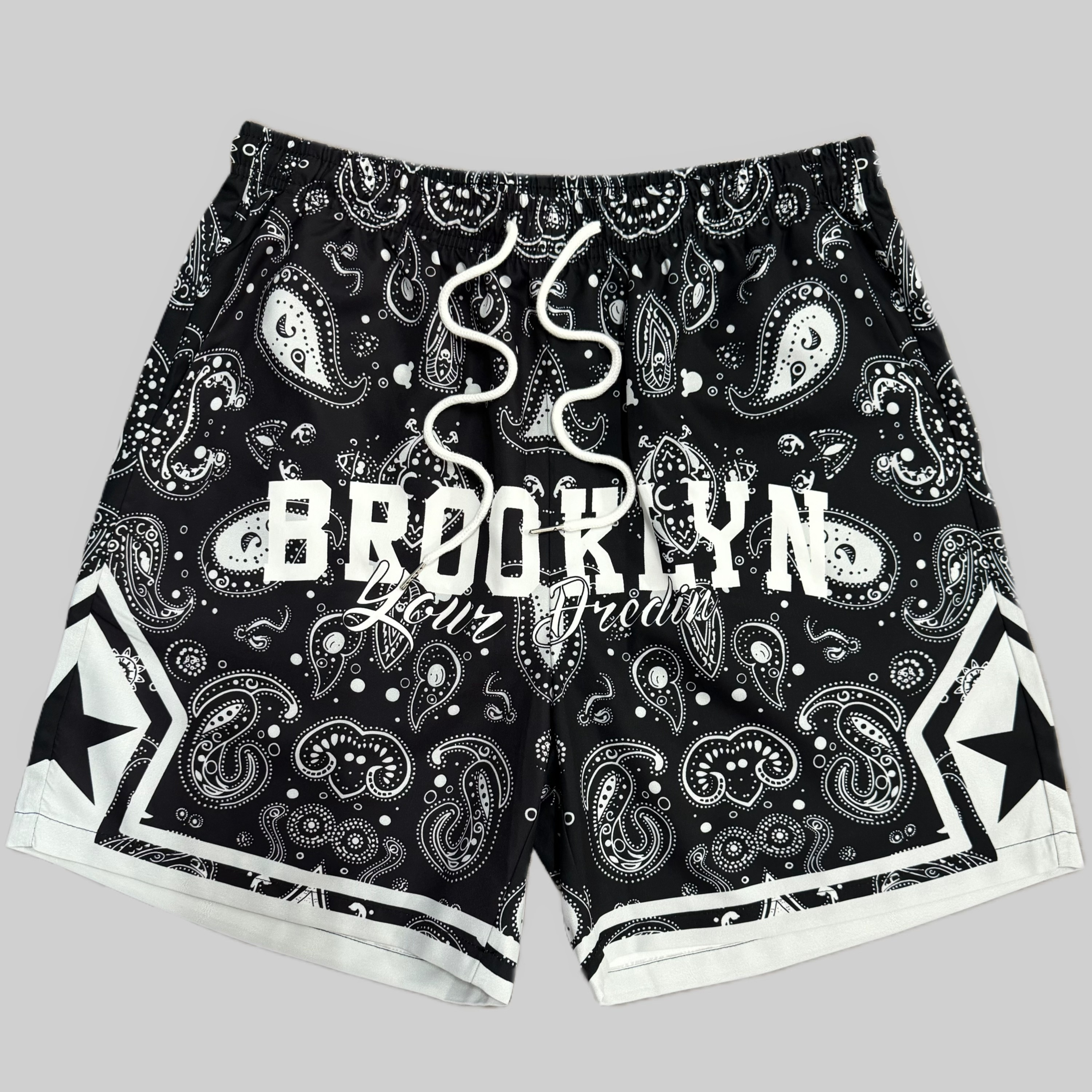 

Paisley Pattern And "" Letter Print Men's Shorts With Drawstring And Pockets, Casual And Stylish Shorts For Summer Street And Sports Wear