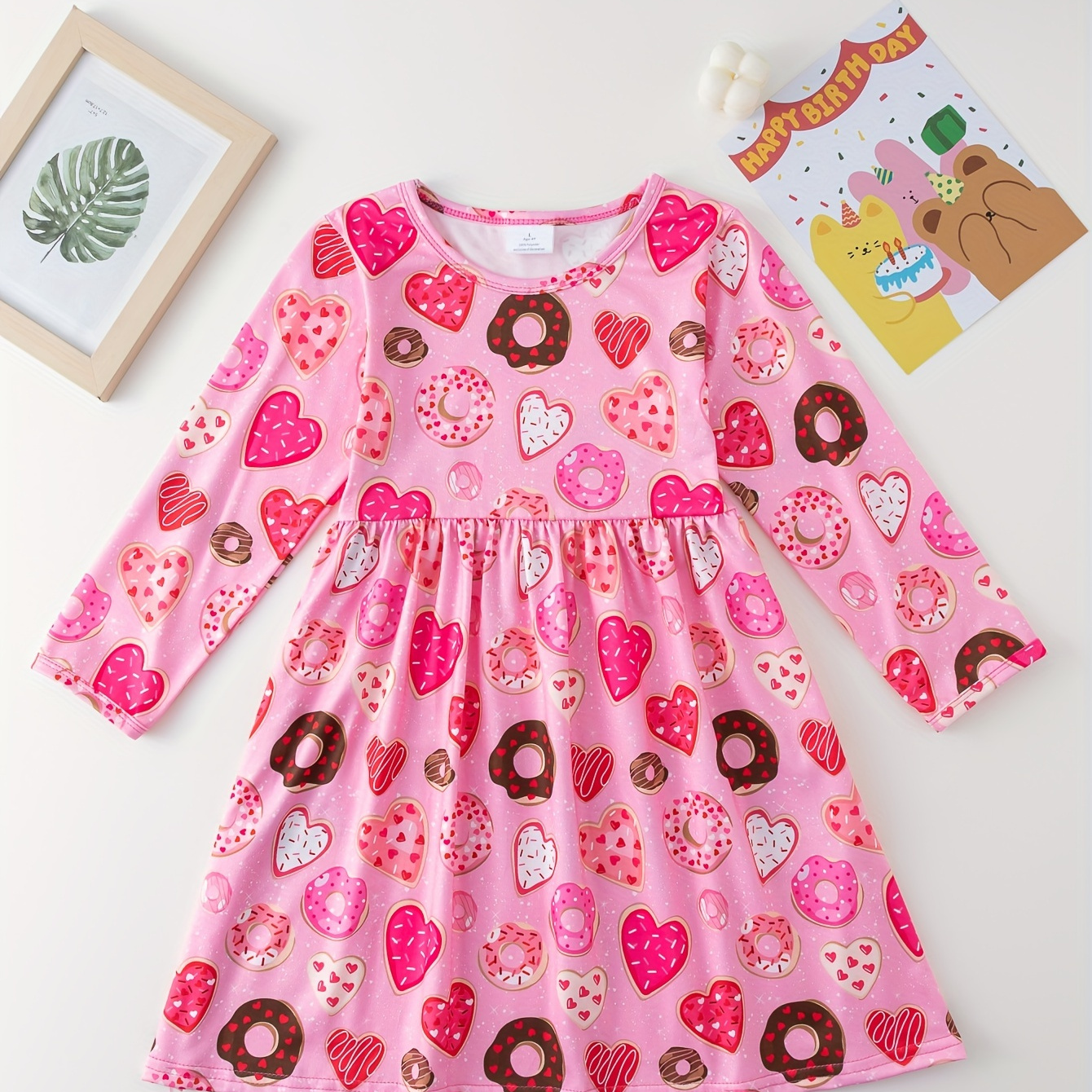 

Sweet Doughnut Graphic Crew Neck Long Sleeve Dress For Girls Spring Fall Gift Birthday Party