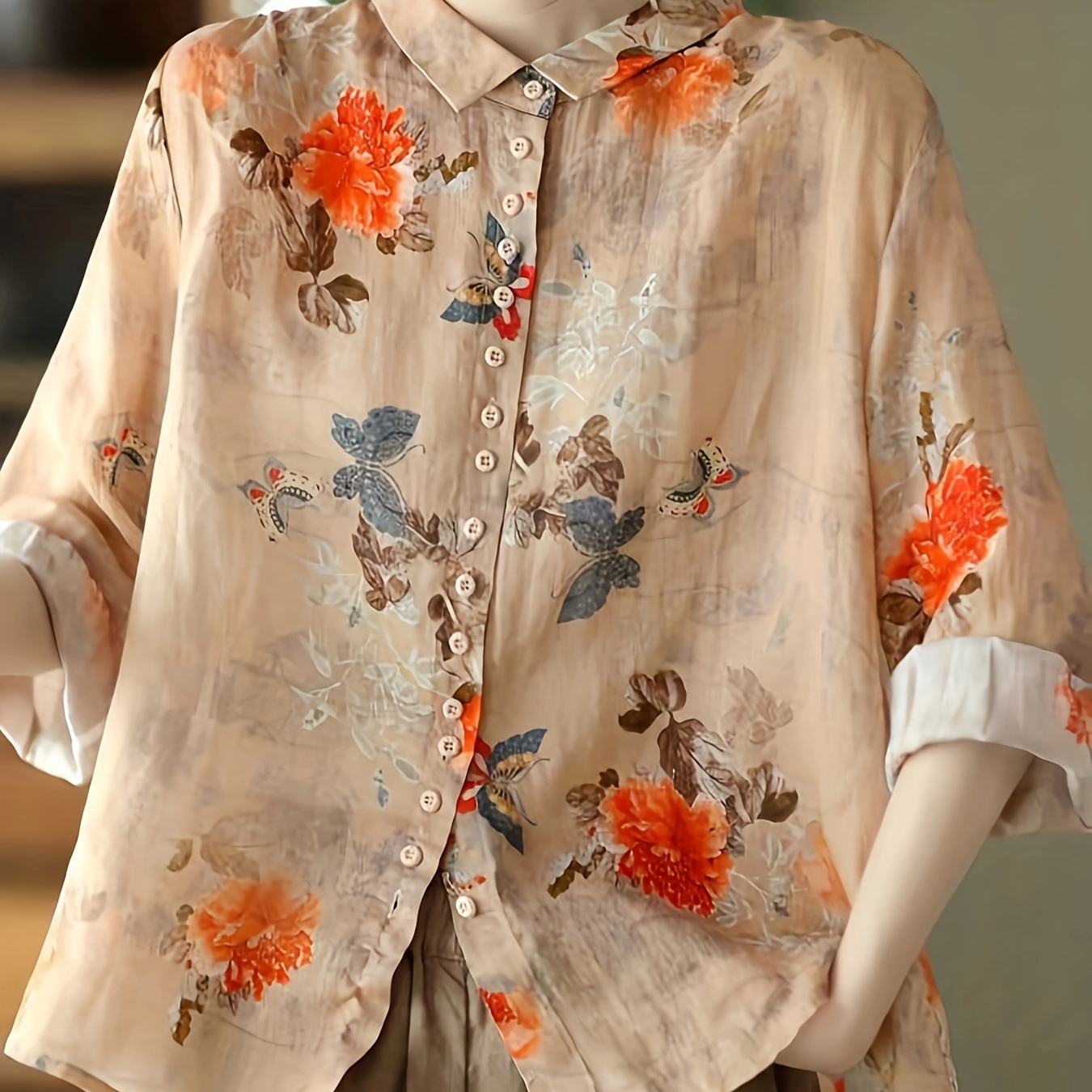 

Women's Floral Shirt, Polyester 95% Elastane 5% , Woven Fabric, Spring/summer/fall Lapel Collar, Button Detail, 150g/m² - Fashionable Blouse For Adult