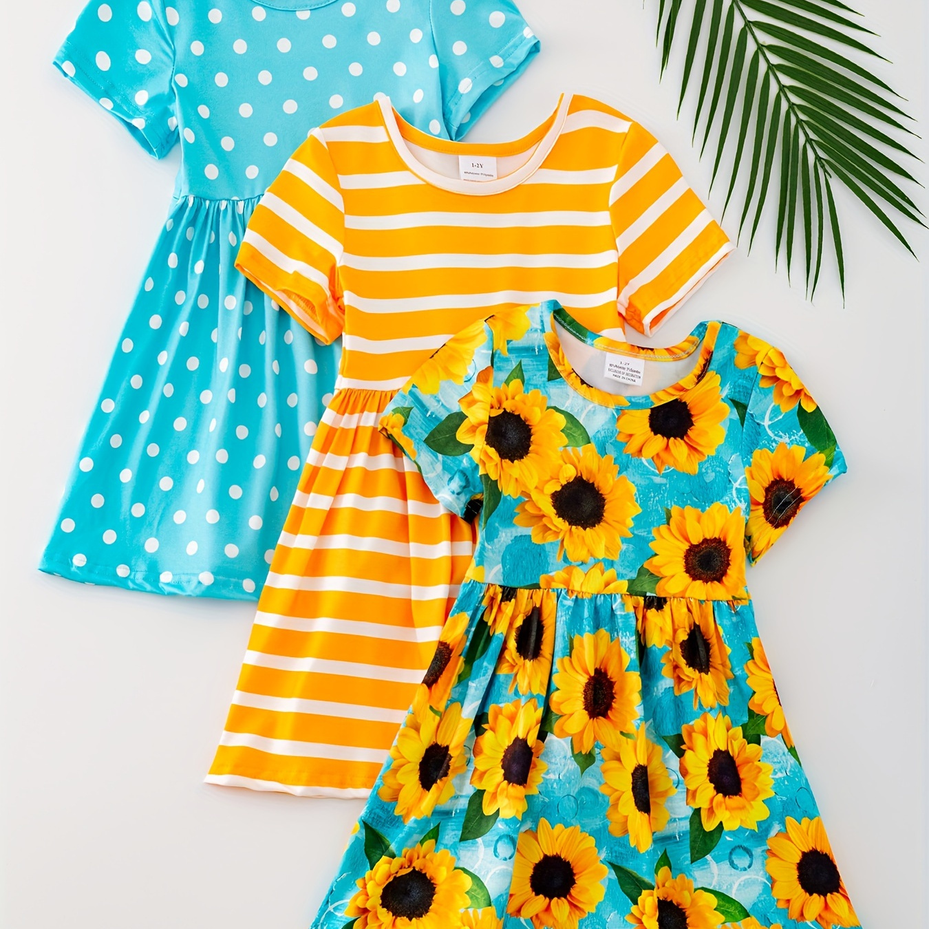 

3pcs Girls Striped Polka Dot Print Sunflower Pattern Short Sleeve Dresses Set Summer Clothes Gift Party