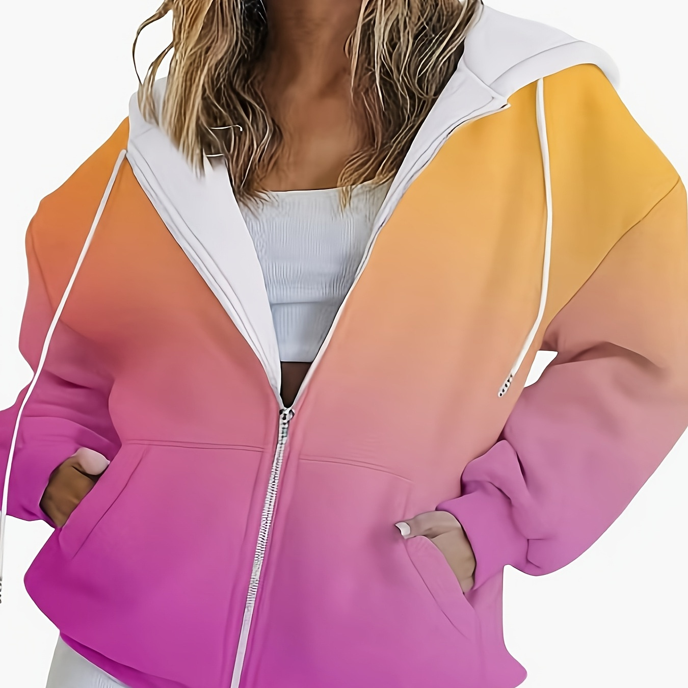 

Women's Ombre Gradient 3d Print Zip-up Hoodie Jacket - Casual Long Sleeve With Pockets, Vibrant Color , Polyester , Machine Washable