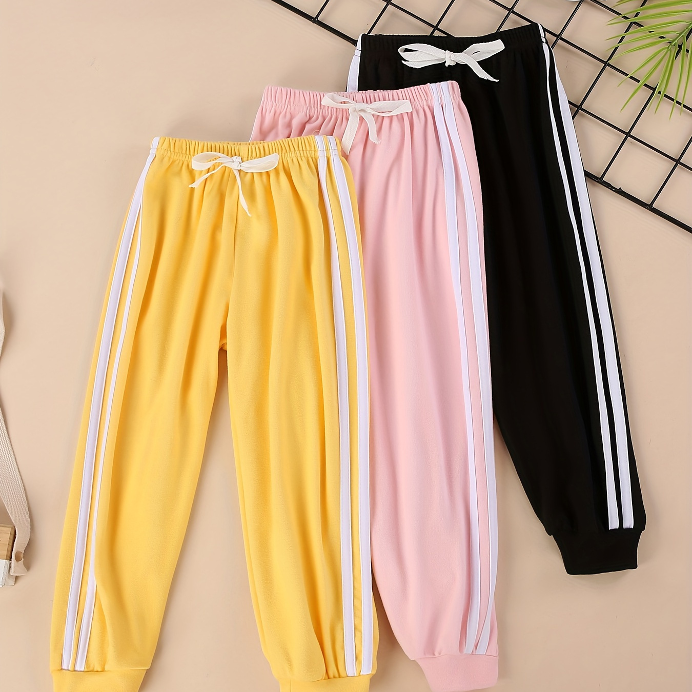 

3pcs Girls Splicing Striped Side Jogger Pants Bow Decor Pants For Outdoor Gift Sports
