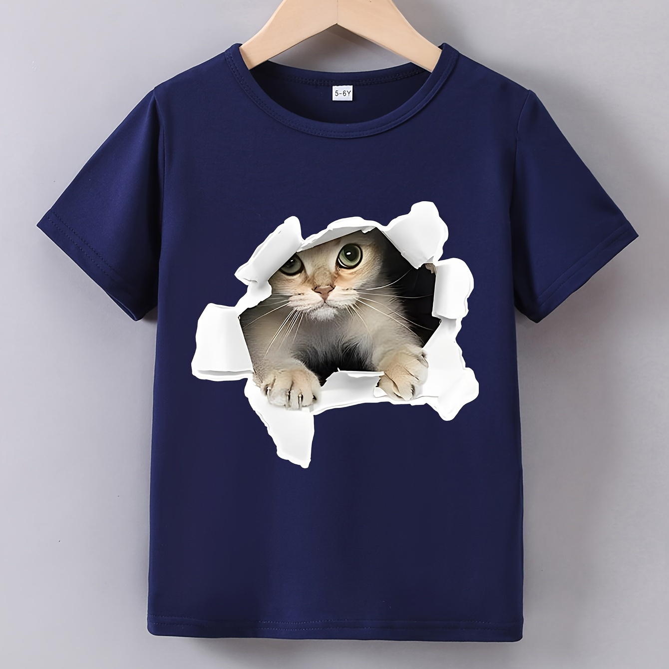 

Casual Boys' Summer Top - Engaging Cartoon Cat Breaking Paper Graphic Short Sleeve Crew Neck T-shirt - Cool Lightweight Comfy Tee Gift