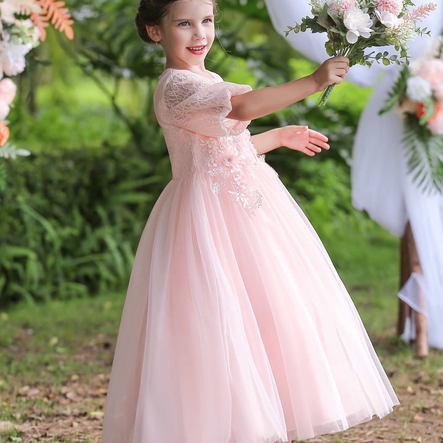 Girls Elegant Lace Princess Dress With Flower Decoration Puff Sleeve ...