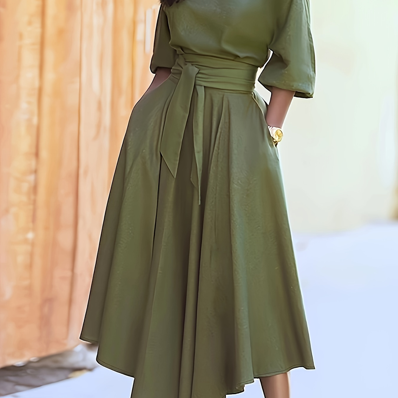 

Plus Size Solid Tie Waist Dress, Casual Cold Shoulder Long Sleeve Slim Dress For Spring & Fall, Women's Plus Size Clothing