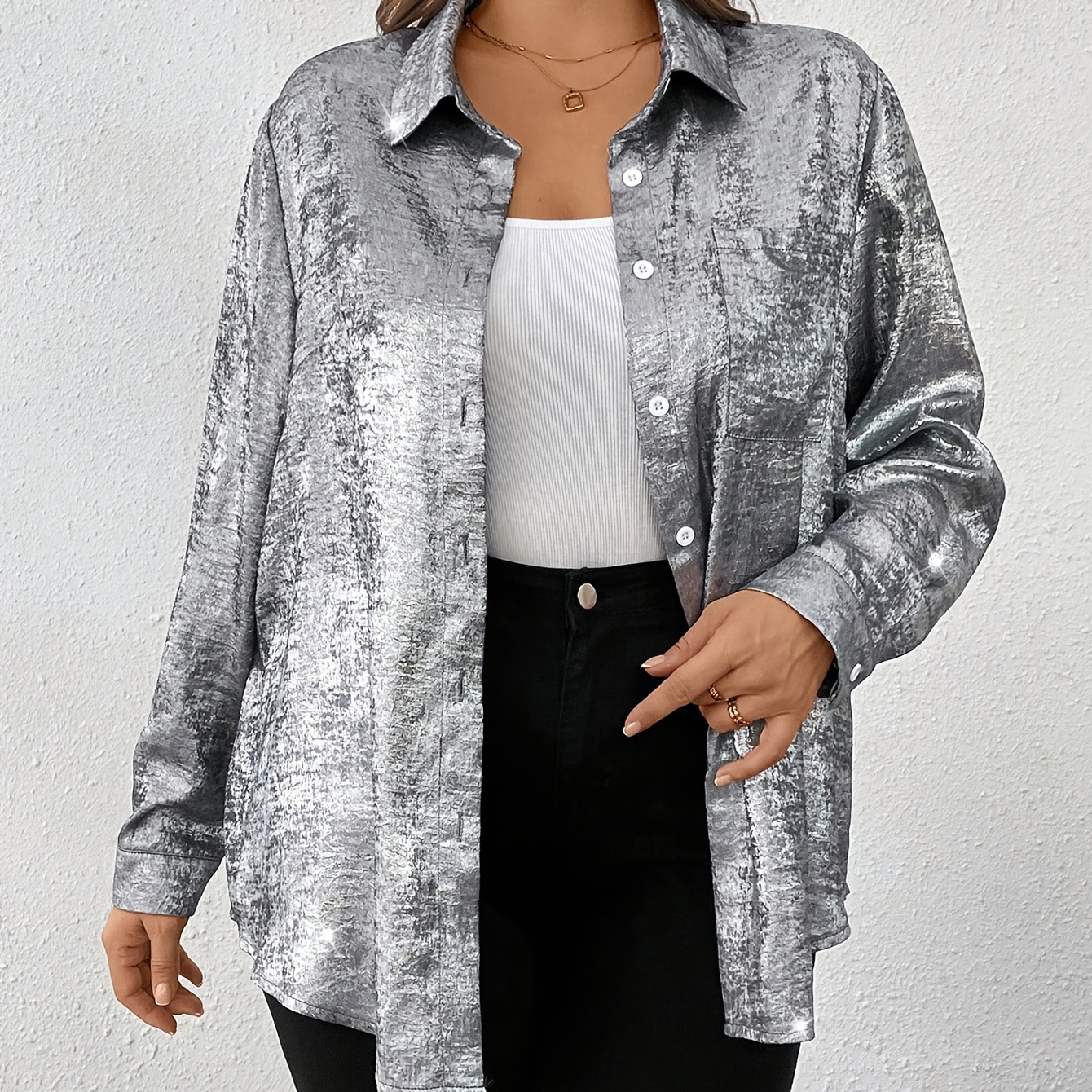 

Custom- Plus-size Women's Silver Non-stretch Casual Tops For Spring And Autumn.