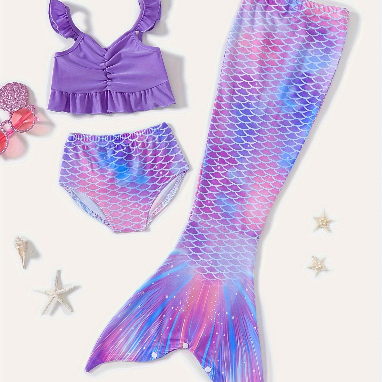 

3pcs Little Girls Mermaid Swimsuit, Ruffle Suspender Tankini Set + Fishtail Skirt, Fancy Princess Dressed-up Set Hot Springs Pool Party Outfit