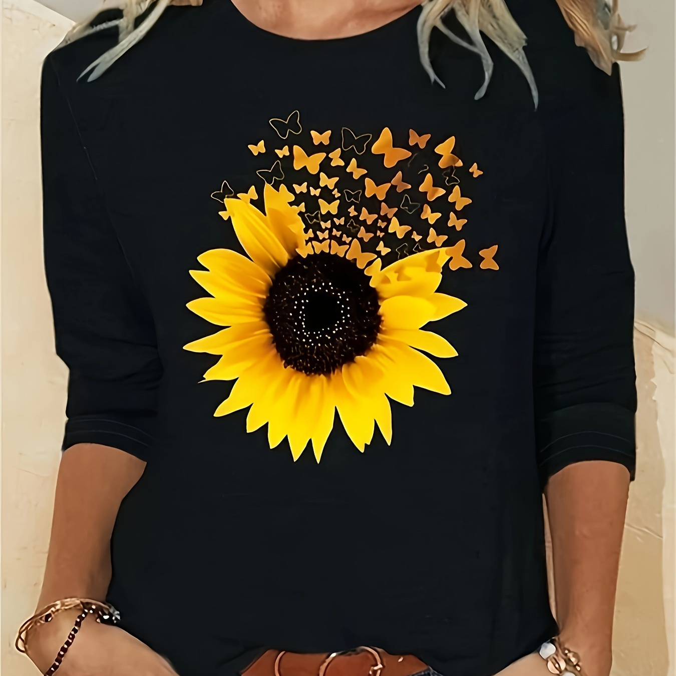 

Plus Size Casual Crew Neck Long Sleeve T-shirt With Sunflower Graphic, Cotton Knit Fabric With Stretch - Spring/fall