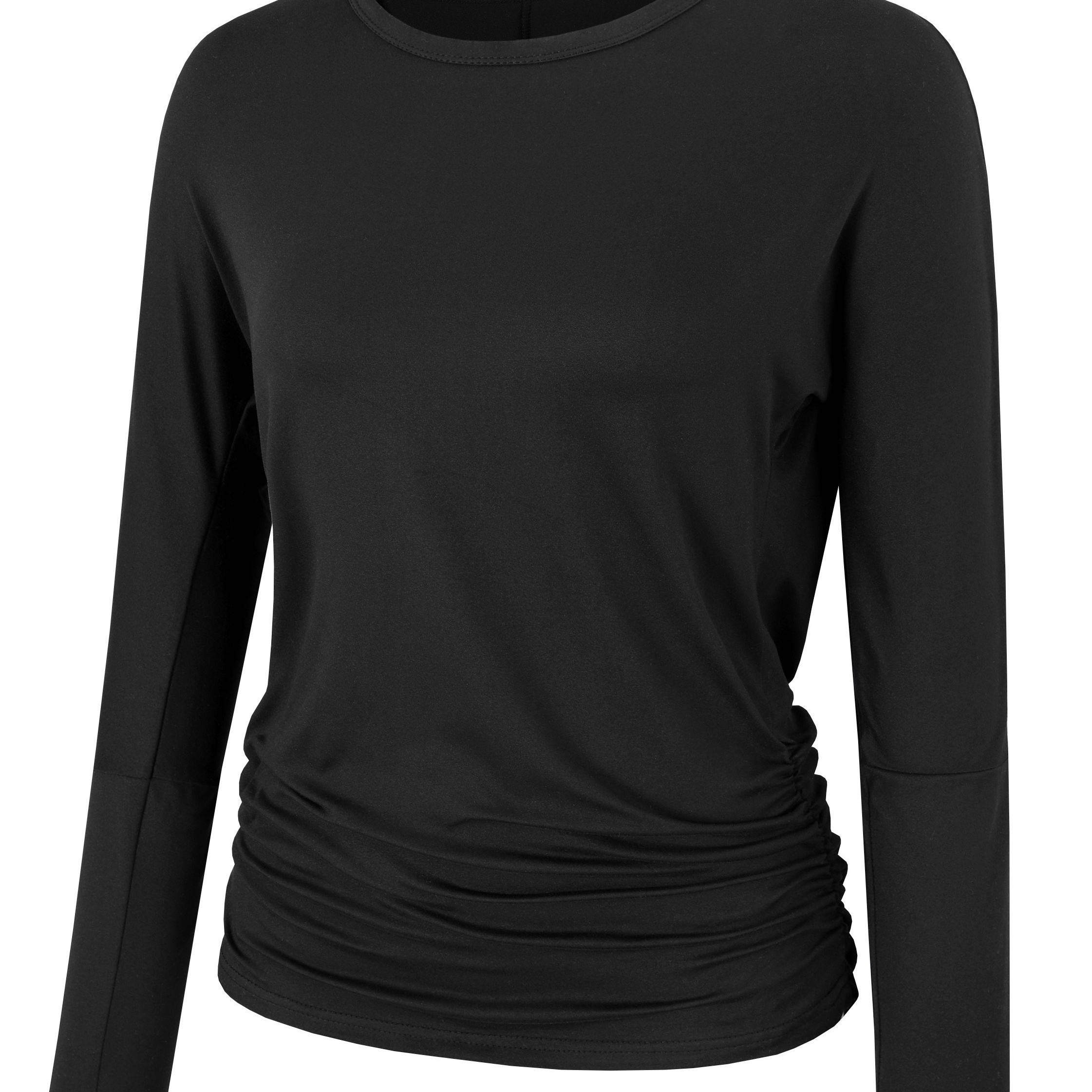

Solid Ruched Crew Neck T-shirt, Casual Batwing Sleeve Top For Spring & Fall, Women's Clothing