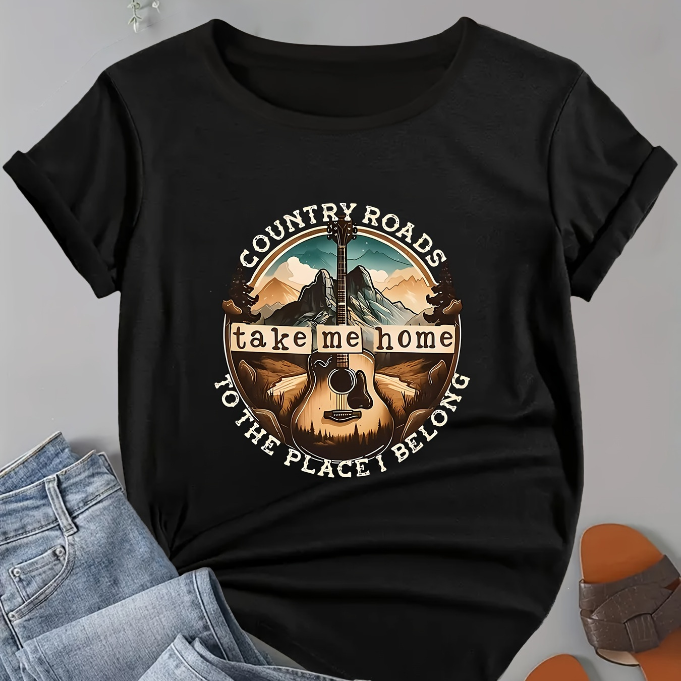 

Women's Casual " " Guitar Graphic Short Sleeve T-shirt, Round Neck, Contrast Color Design, Fashion Tee