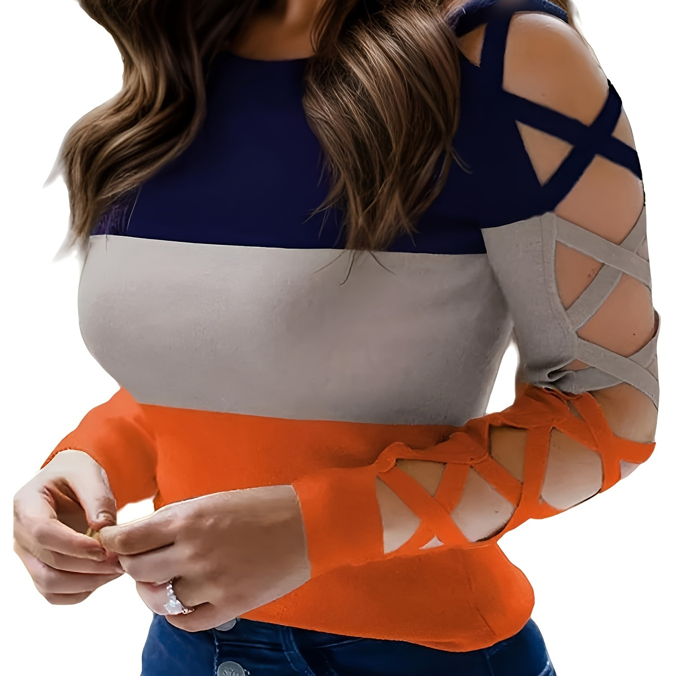 

Color Block Crew Neck Pullover Sweater, Sexy Hollow Out Design Long Sleeve Knitted Sweater For Fall & Spring, Women's Clothing
