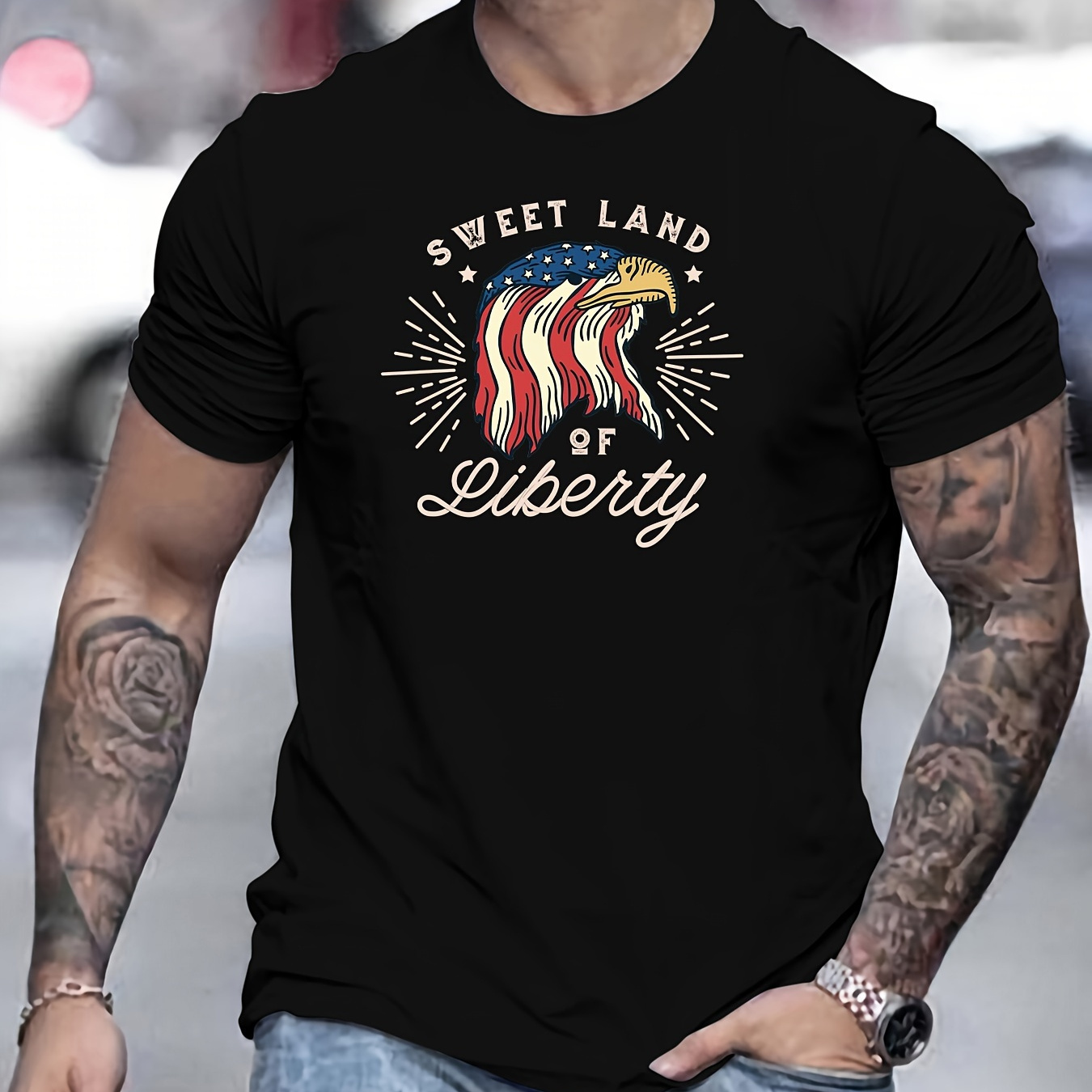 

Sweet Land Print Short Sleeve Tees For Men, Casual Crew Neck Cotton T-shirt, Comfortable Breathable T-shirt