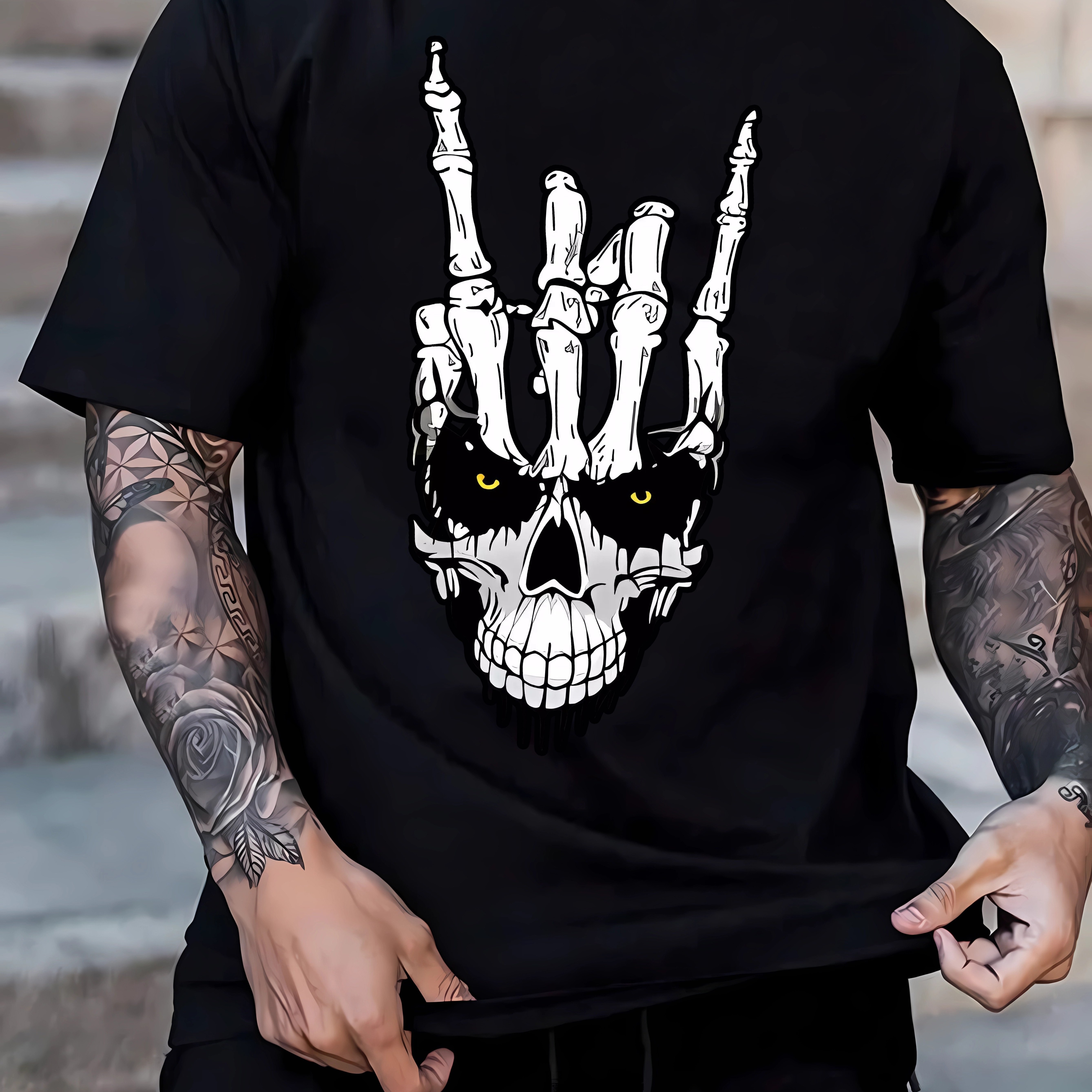 

Skull Hand Print Tee Shirt, Tee For Men, Casual Short Sleeve T-shirt For Summer Spring Fall, Tops As Gifts