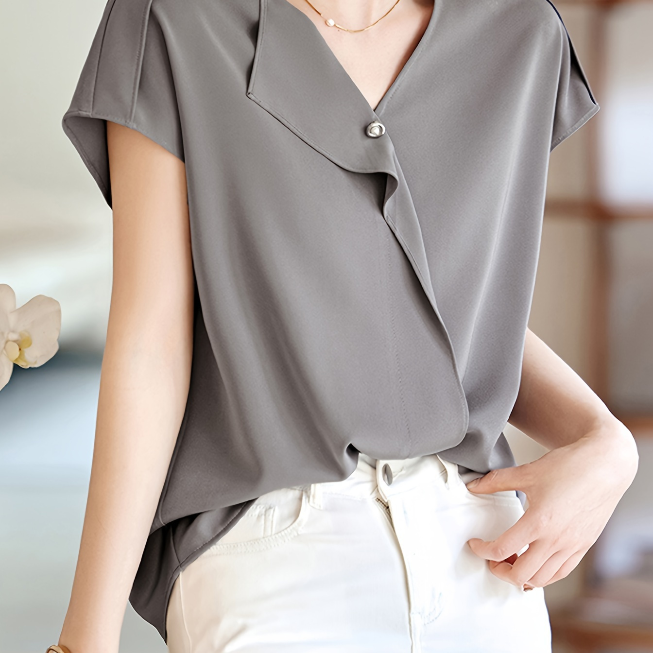 

Solid Color Asymmetric V Neck Blouse, Elegant Short Sleeve Top For Spring & Summer, Women's Clothing