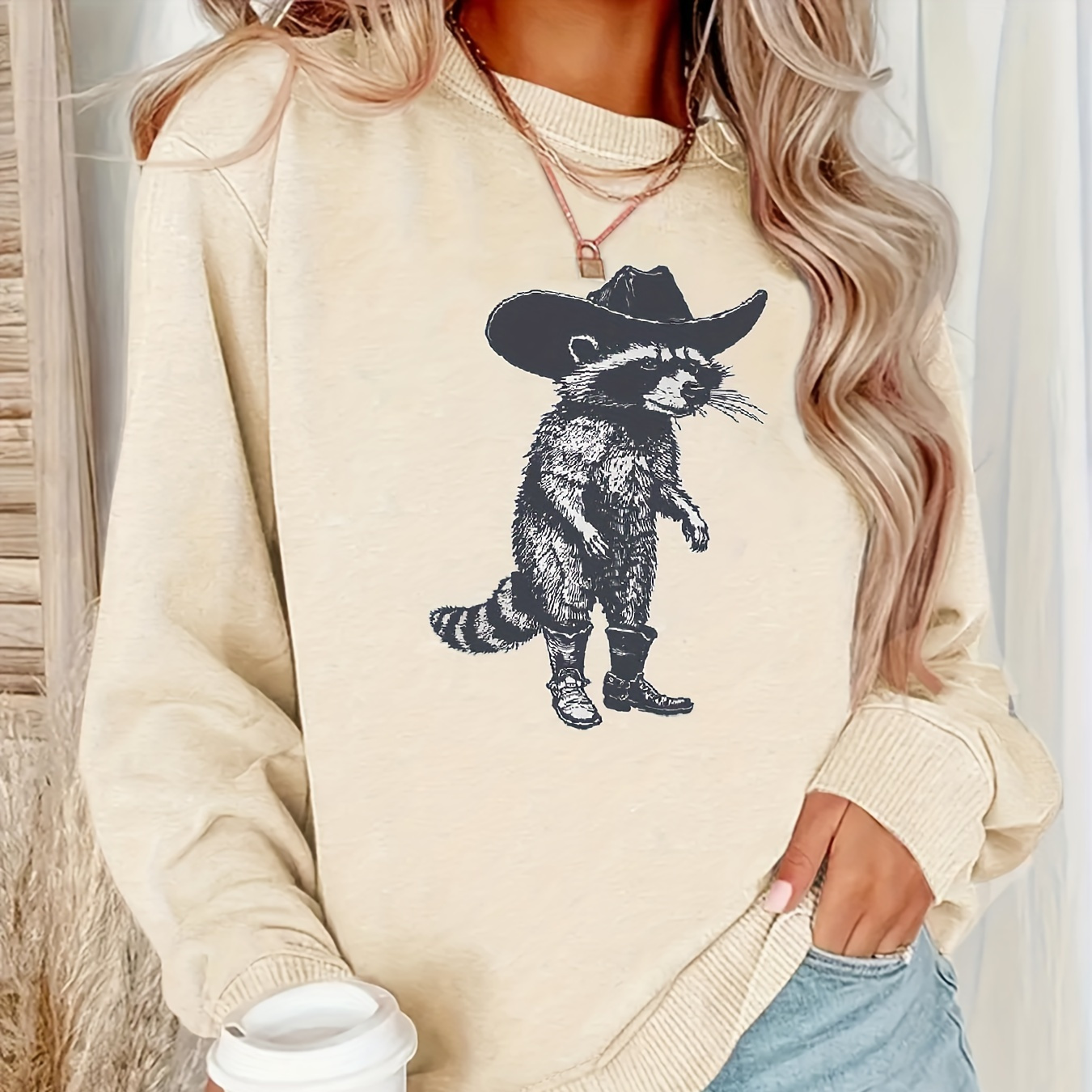 

Women's Casual Polyester Sweatshirt With Cowboy Print - Long Sleeve Crew Neck Knit Sweater For Fall/winter